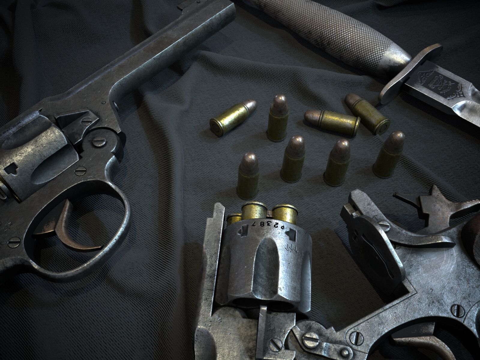 The 5-inch long barrel was forged as part of the forward section of frame and sported a unique slab-sided look with a noticeably large forward sight fitted over the muzzle. The revolving cylinder offered firing of six .38 caliber cartridges. 