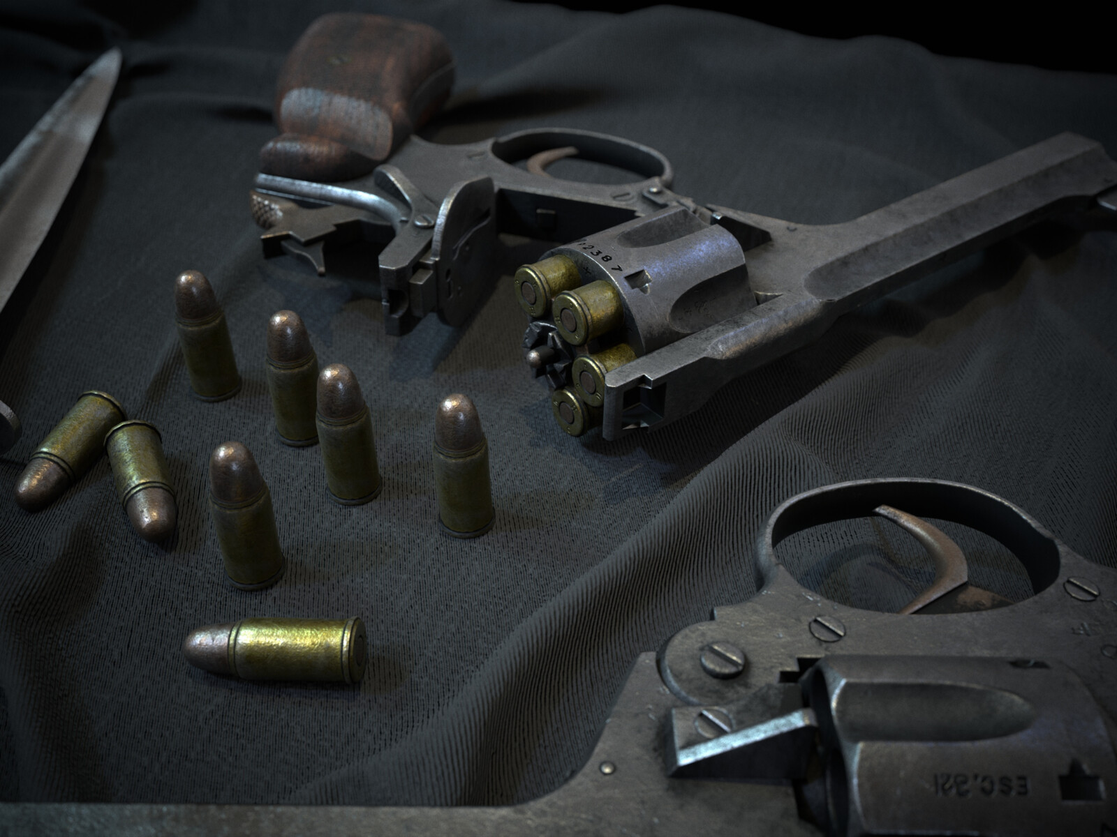 The cylinder was accessed through a "break-action" design in which the barrel, cylinder and cylinder bridge all tipped forward and down at a hinge located ahead of the trigger thusly.