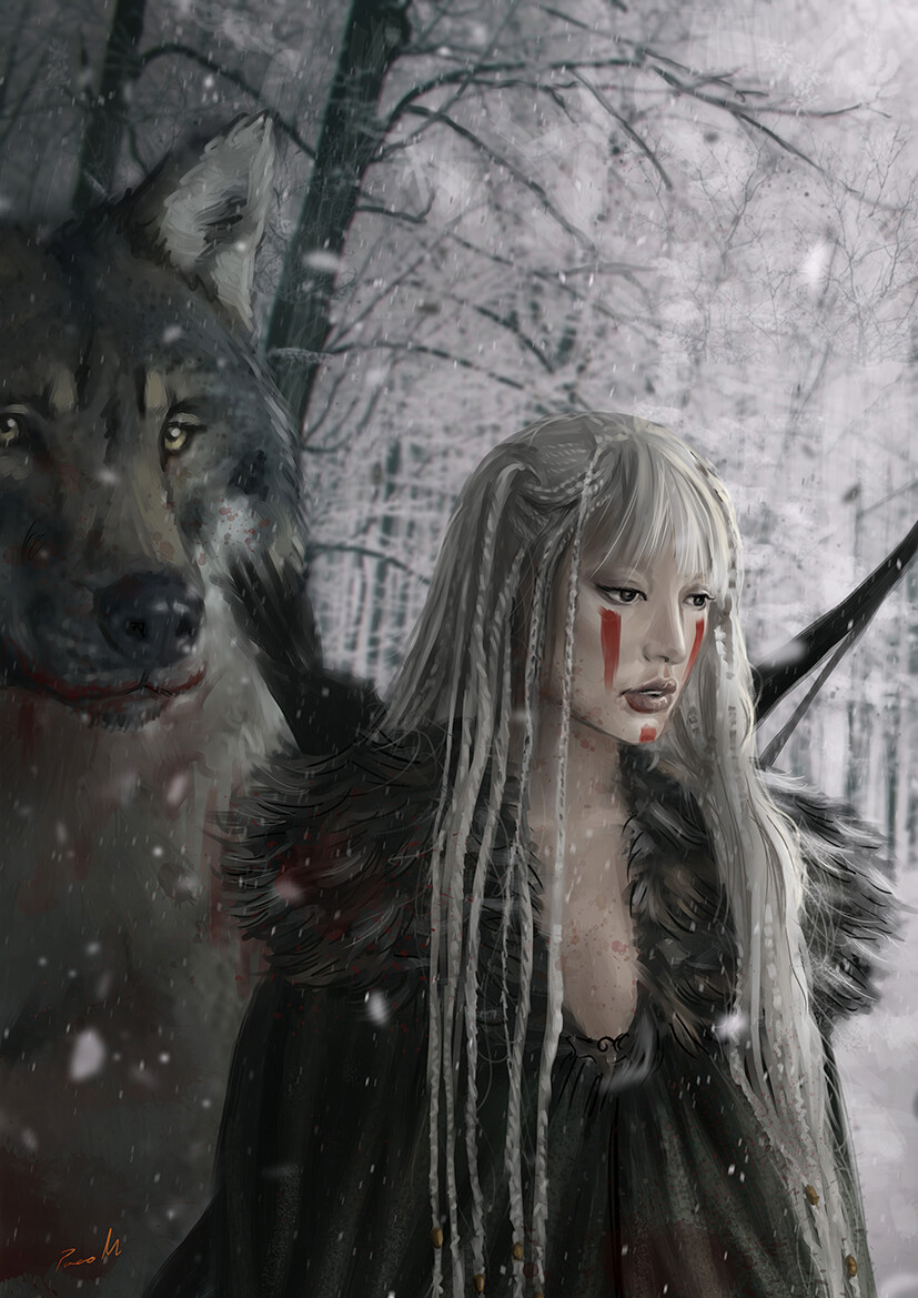 ArtStation - Winter, archer and wolf. Invierno, arquera y lobo.