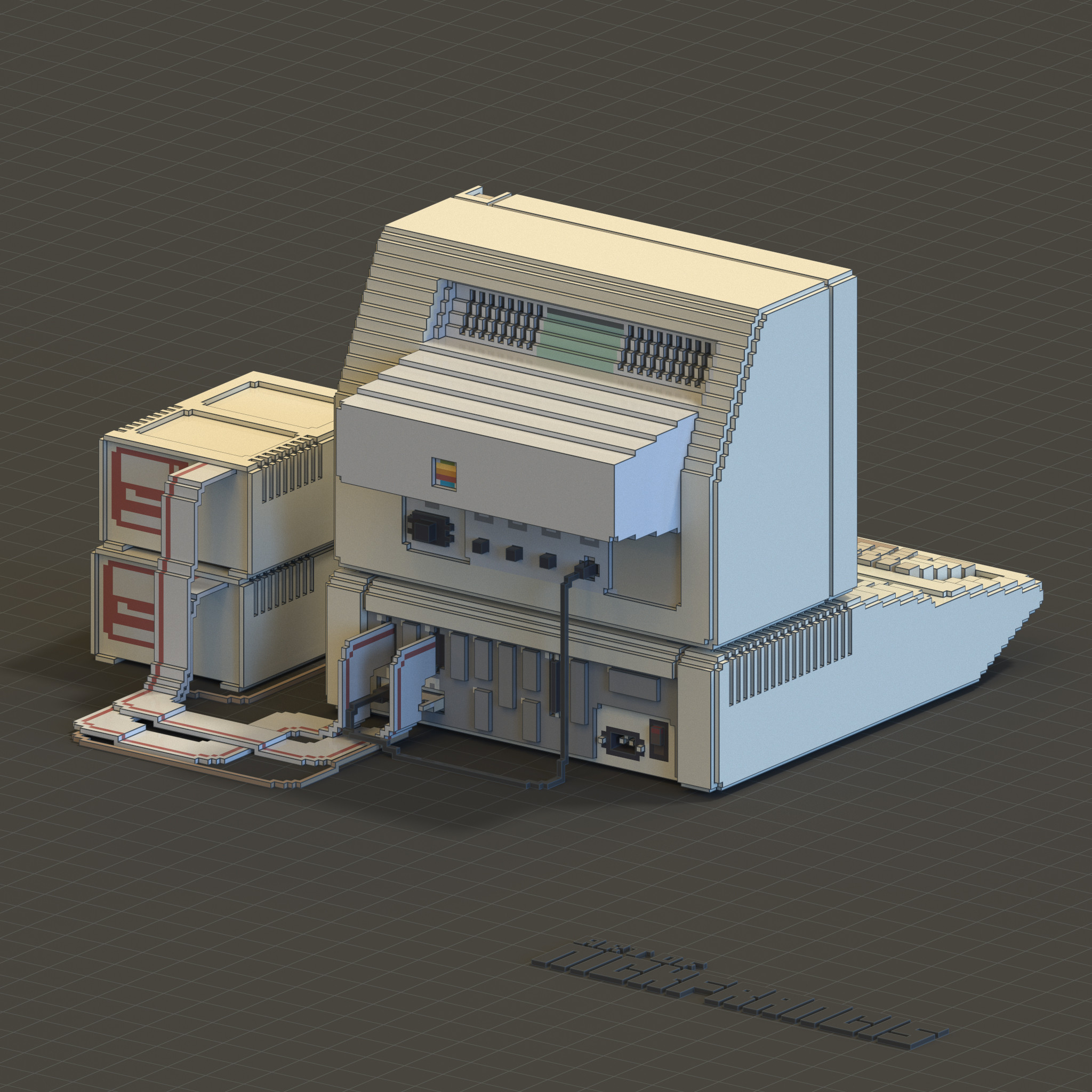 Rendering of the back of a Apple IIe workstation.