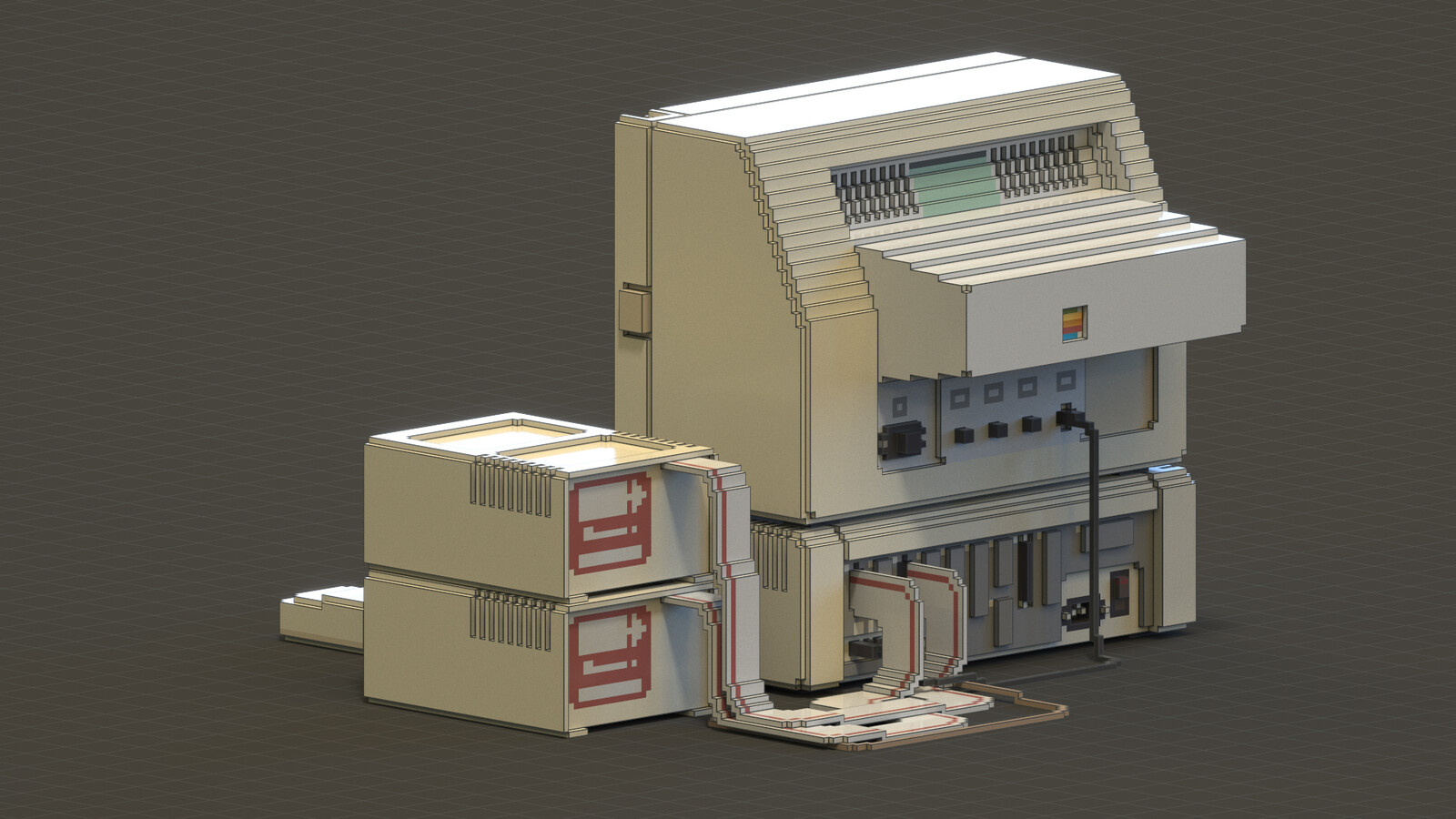 Rendering of a voxel Apple IIe, with focus placed on the color "Apple logo" fresco embedded into the back protrusion of the machine's CRT monitor.