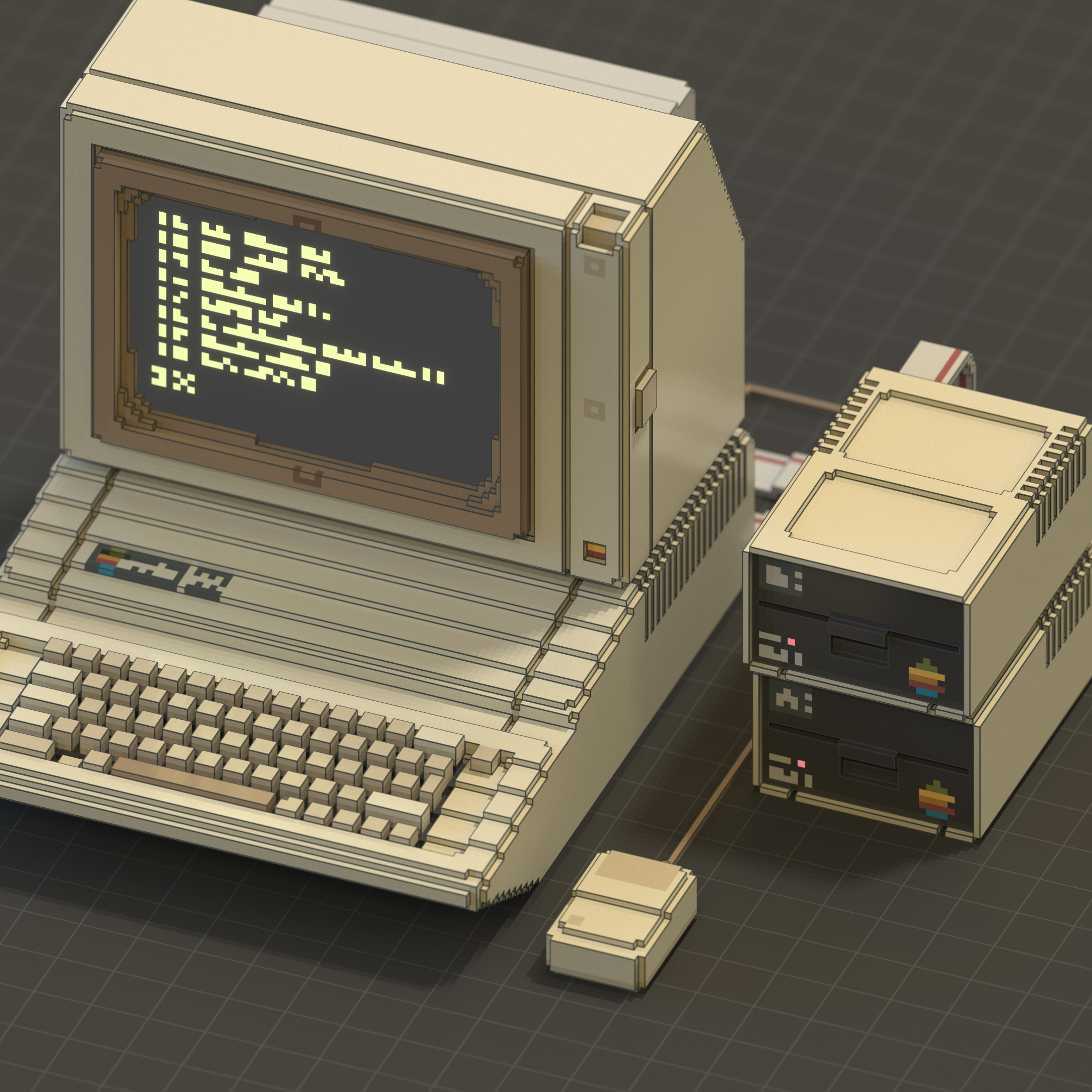 Overhead rendering of a voxel Apple IIe  focusing on the details making up the external disk drives, mouse, keyboard and CRT display.