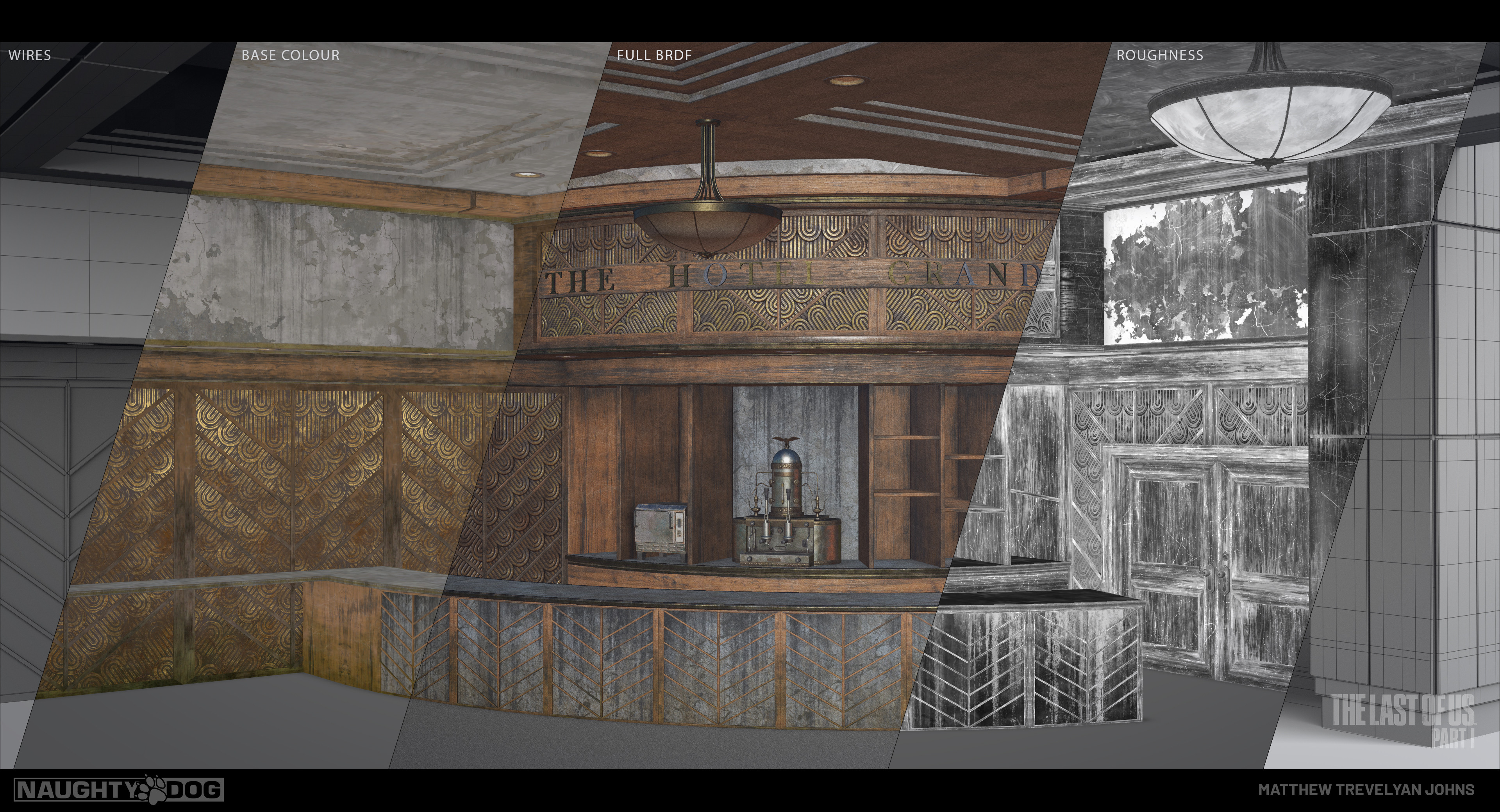 I hope to post more information about the TLOU: Part I trim pipeline soon , but here you can see a little breakdown of my brdf passes, color and roughness are the two that I spend the most time balancing