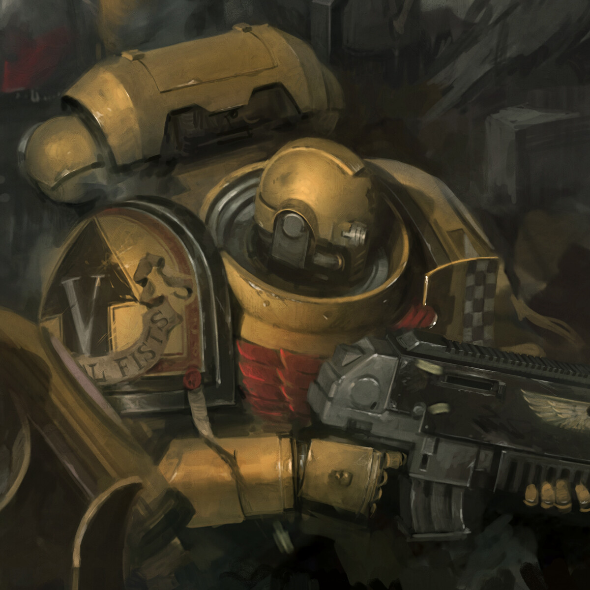 primaris imperial fist with a sniper eye attachment turning away from camera; holding a bolter