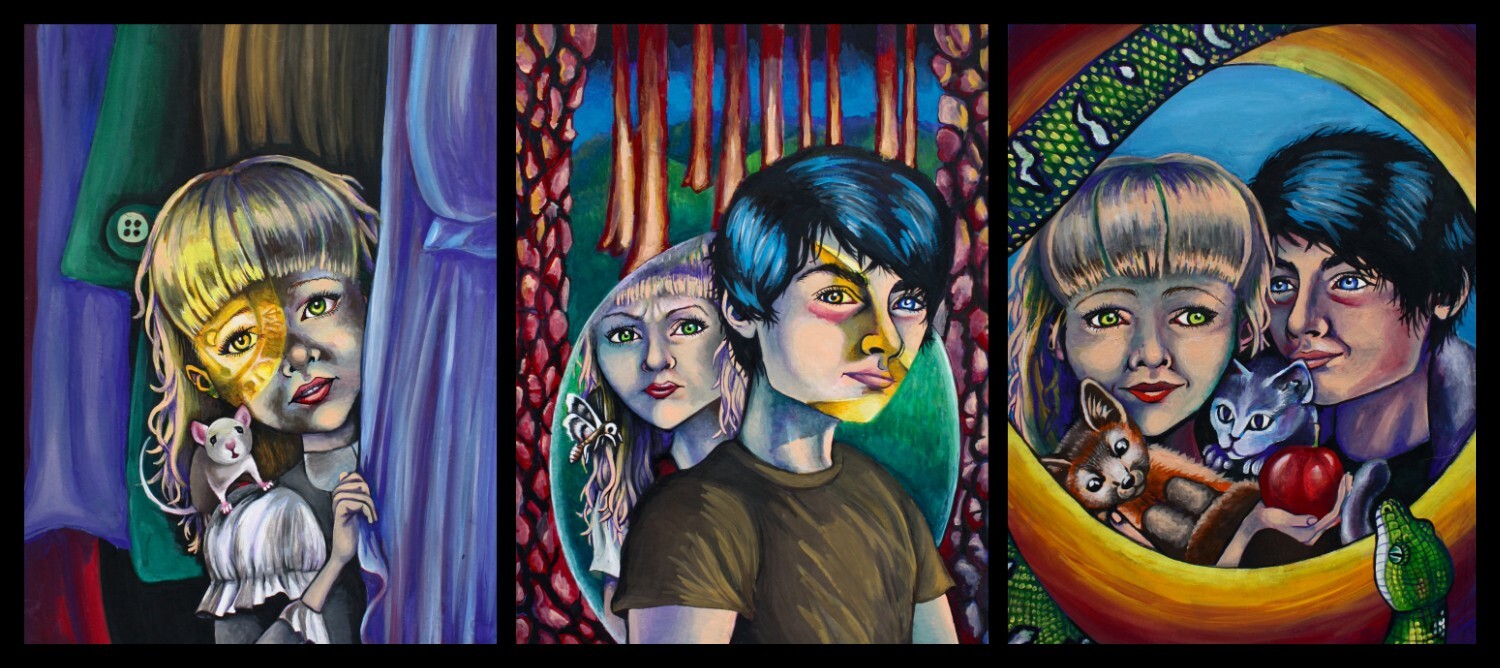 His Dark Materials (triptych), 2013, colored pencil and gouache. Inspired by the dark fantasy trilogy by Philip Pullman.