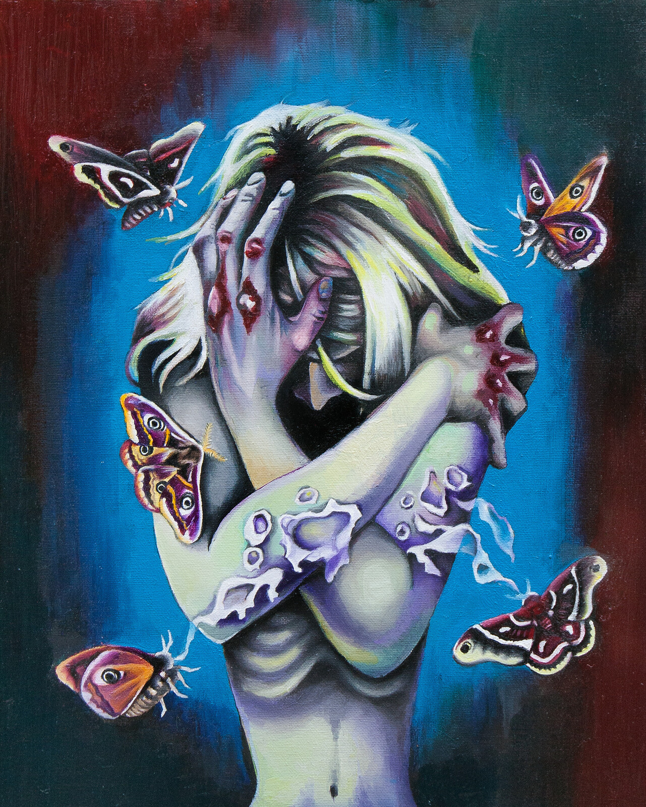 Self-Portrait with Moths, 2014, oil on canvas panel.