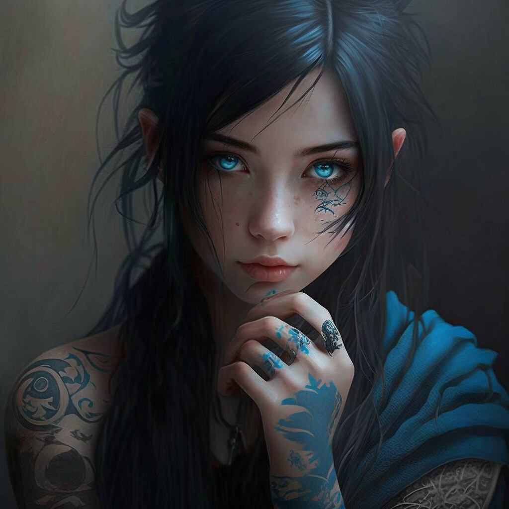 ArtStation - black hair girl with blue eye and tattooed