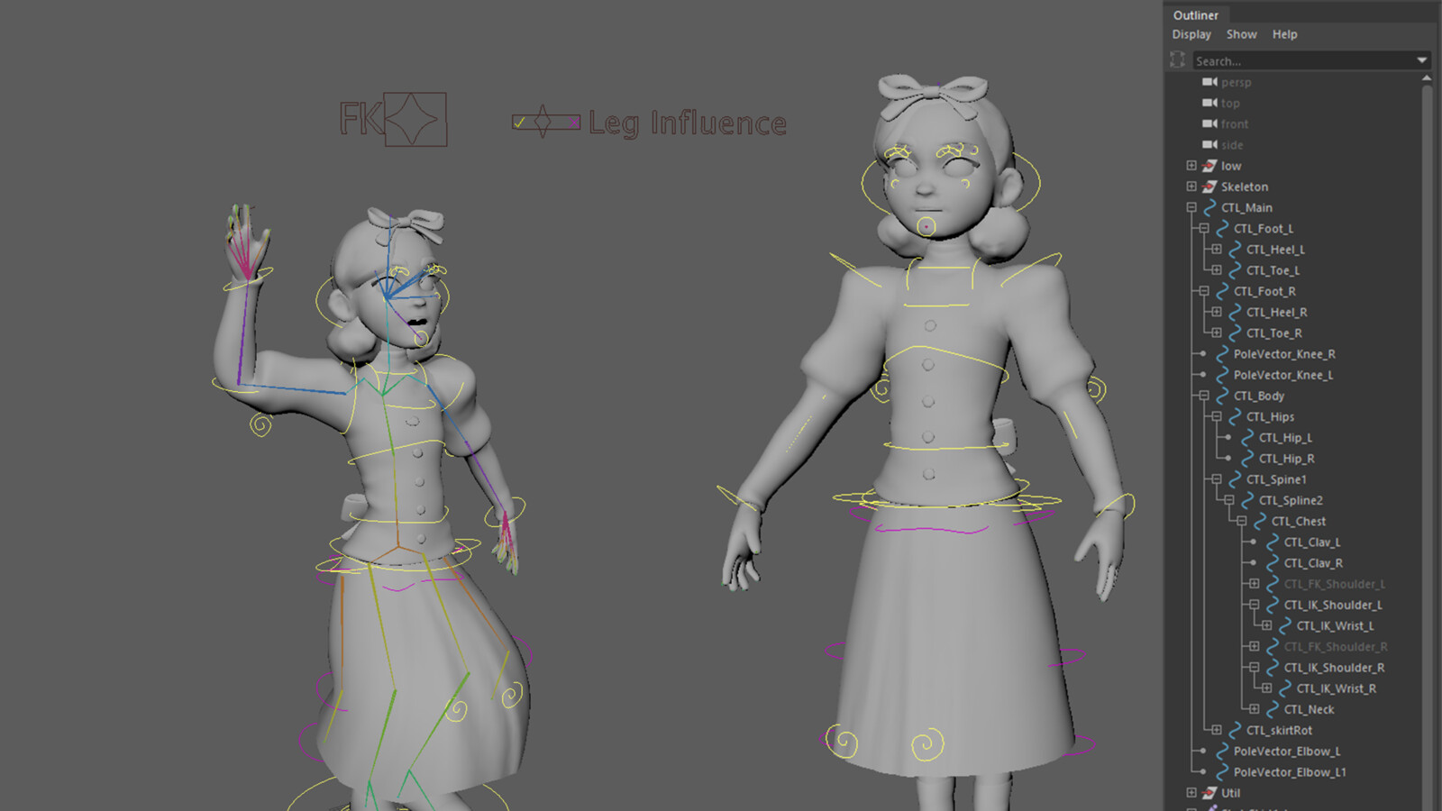 Katya with control curves, IK/FK switch, and a switch to turn off the influence of the legs on the dress geometry.