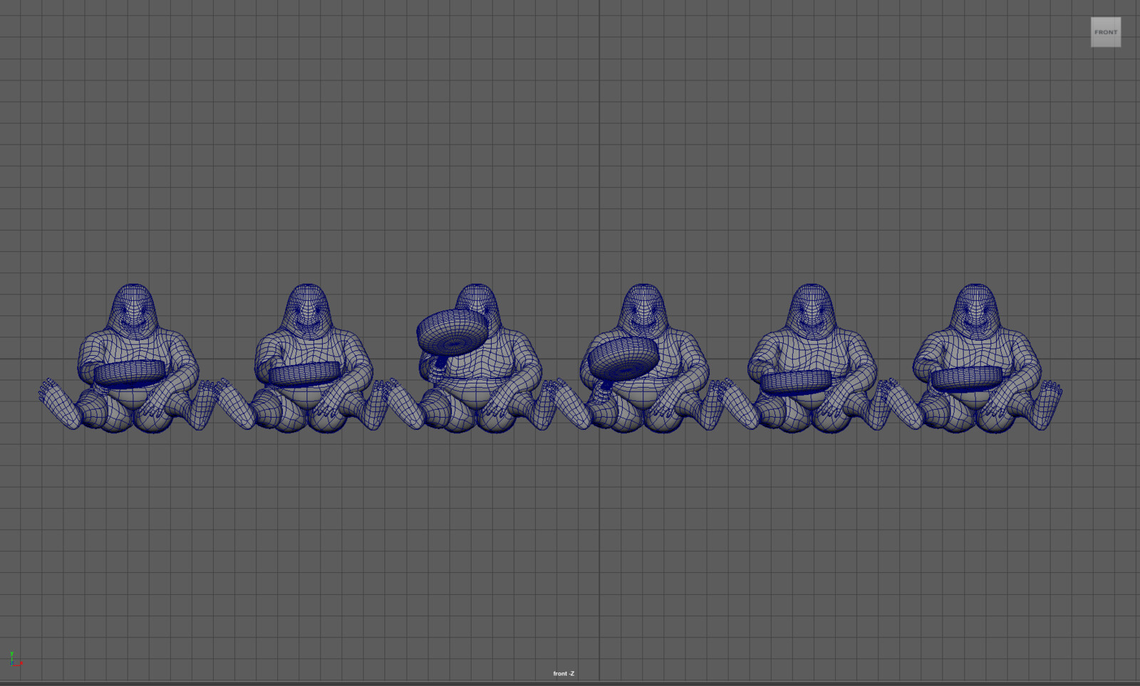 Example of animation separated into frames, each of which would be 3D printed and swapped out in final animation.  Each character was modeled and given a rudimentary rig by hand.