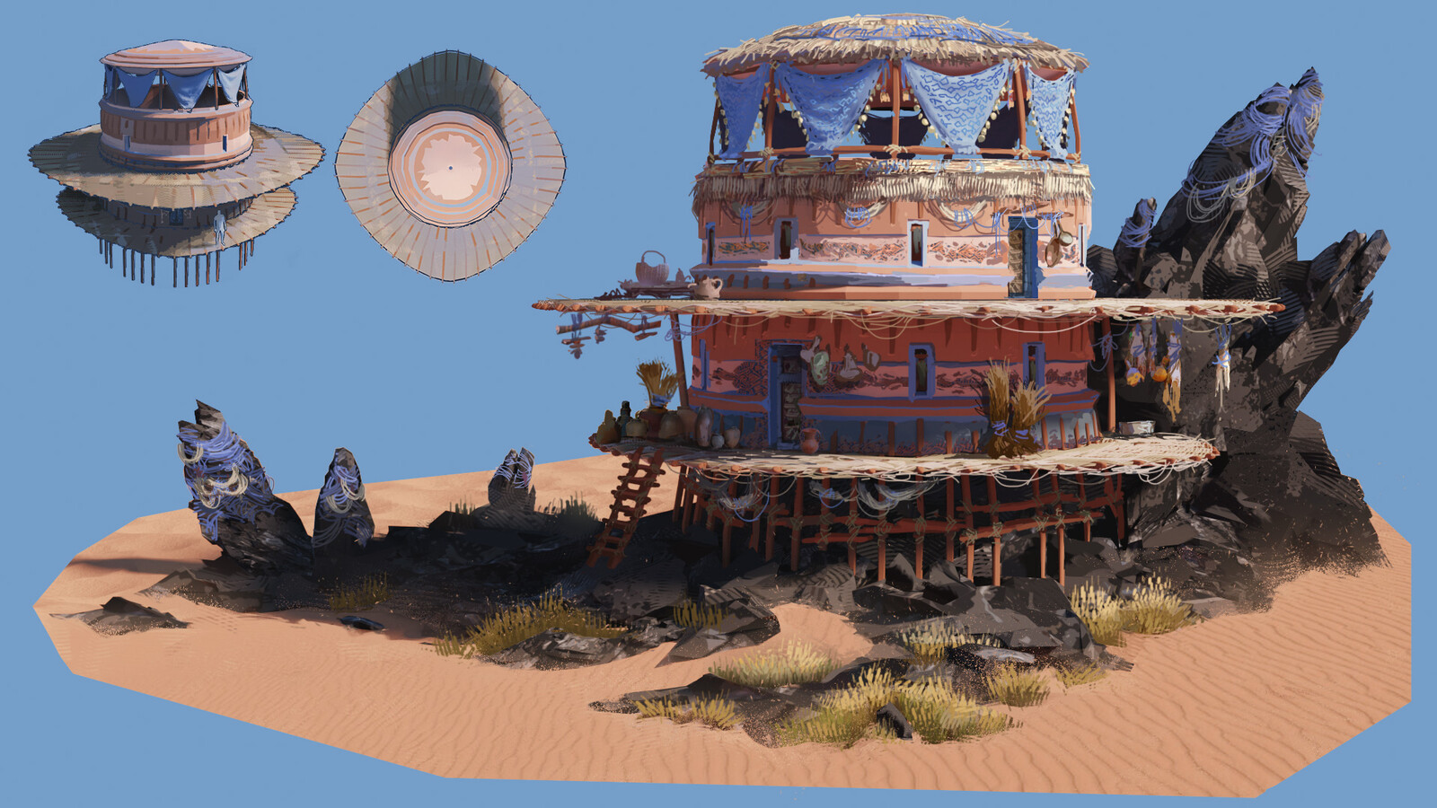 An idea how people could live. On top is the cooking area, smoke can escape through the open parts.