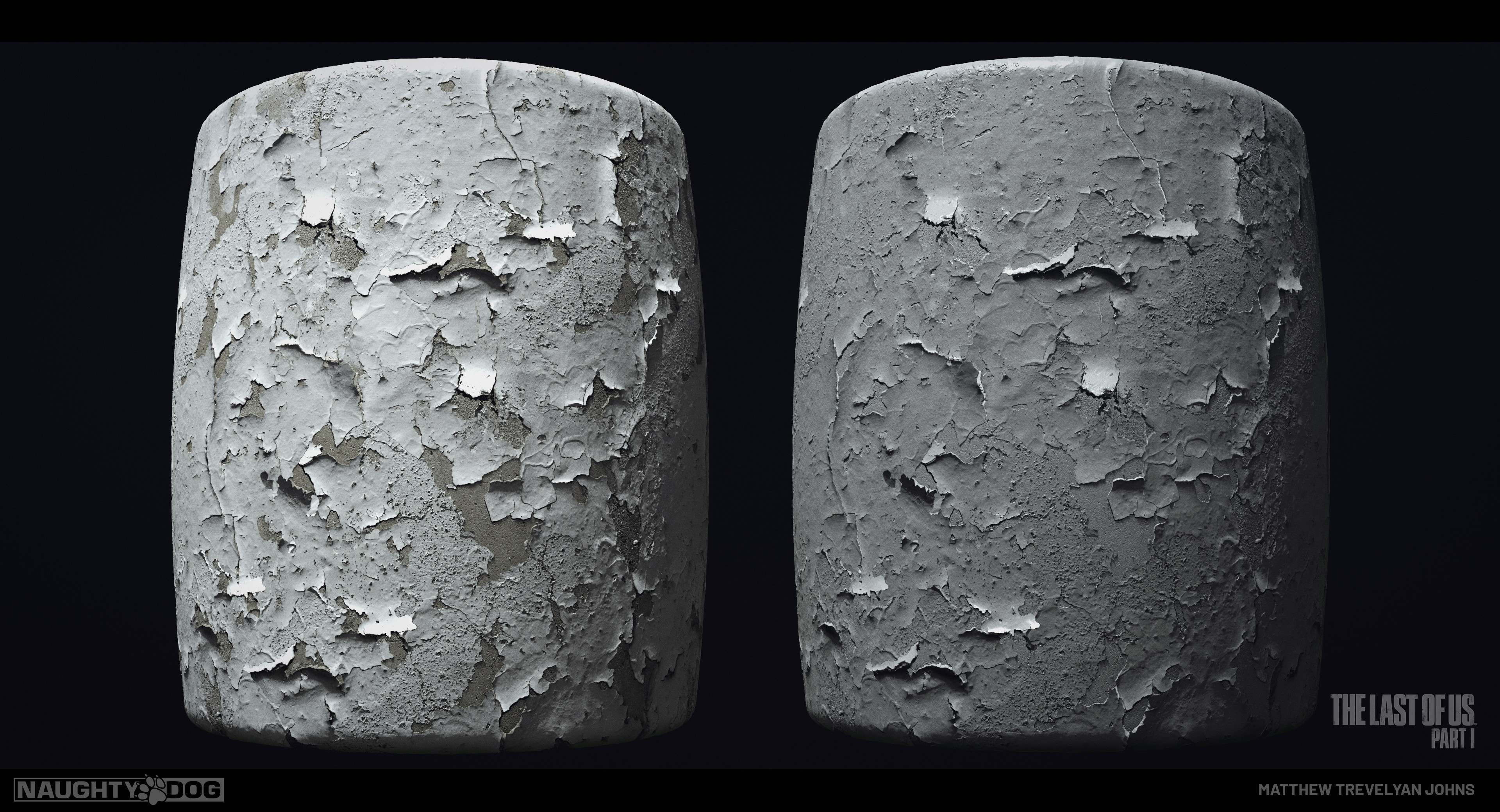 Here's a look at one layer within the shader. It's very high frequency, because the shader only blends this in at the edge of the paint, where it peels. I began with a megascans source and mixed, cloned and added to it using other methods to arrive here