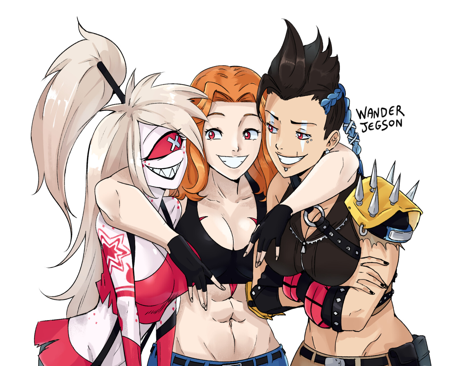 From left to right:
Cherri Bomb (from Hazbin Hotel), Soulbreaker (from my Doom fanfic "Day of Wrath"), and Junker Queen (from Overwatch)