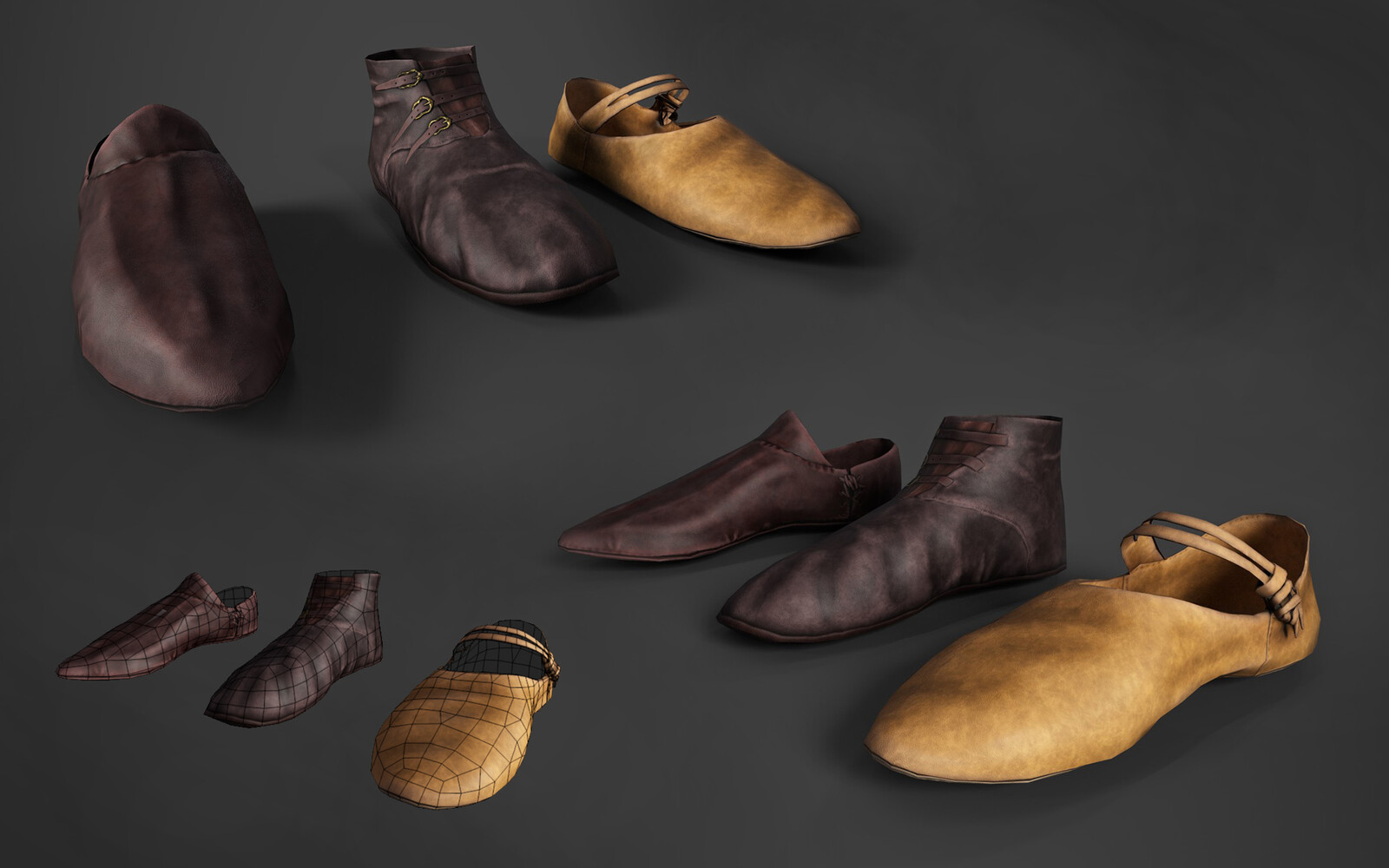 Pointed Shoe (Tied at side), Three Buckle strapped boot, slip on top strapped shoe (tied at side)