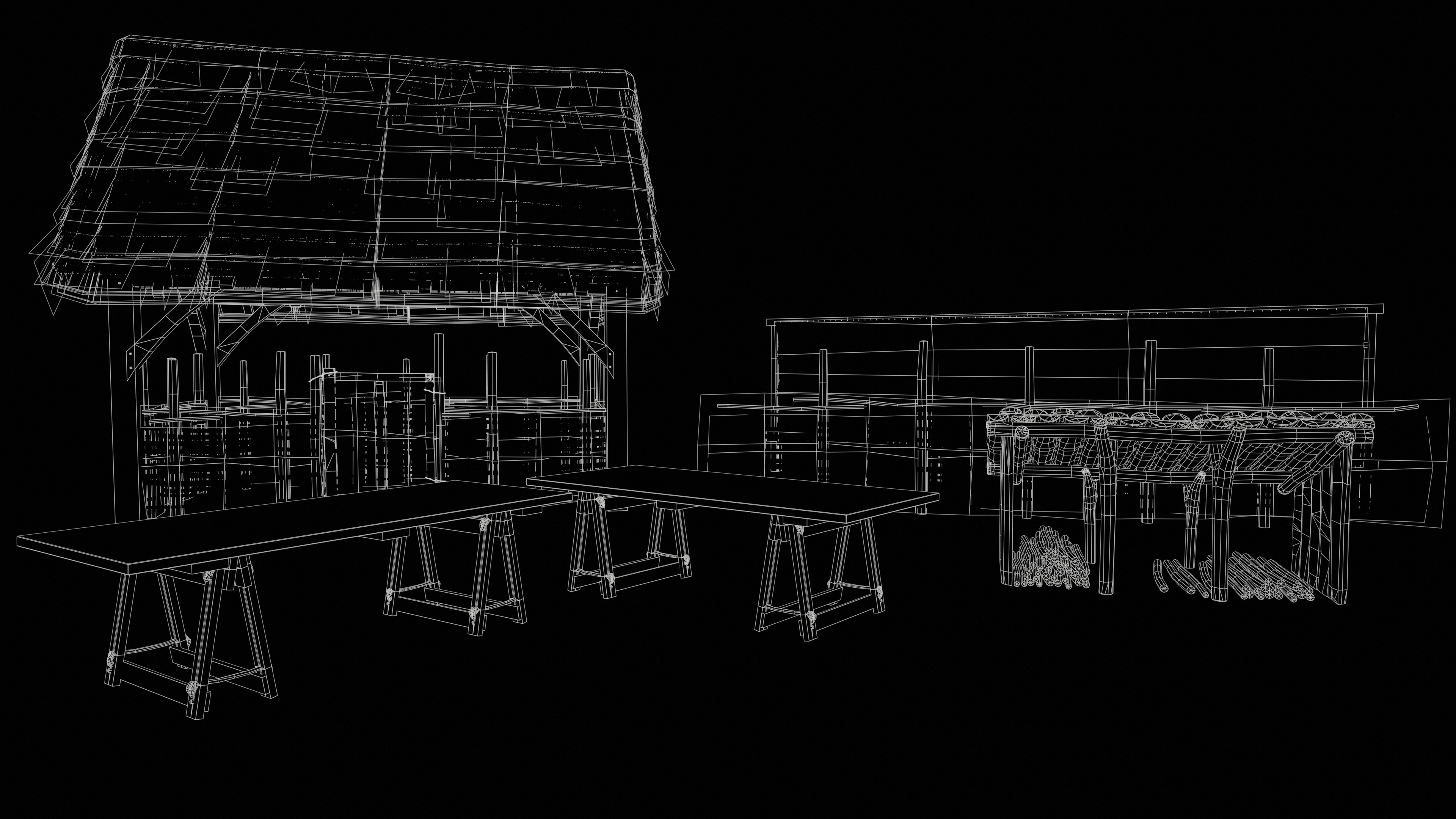 Fenced outhouse, trestle tables, wooden storage, wattle fence, tentering rack -Wireframe