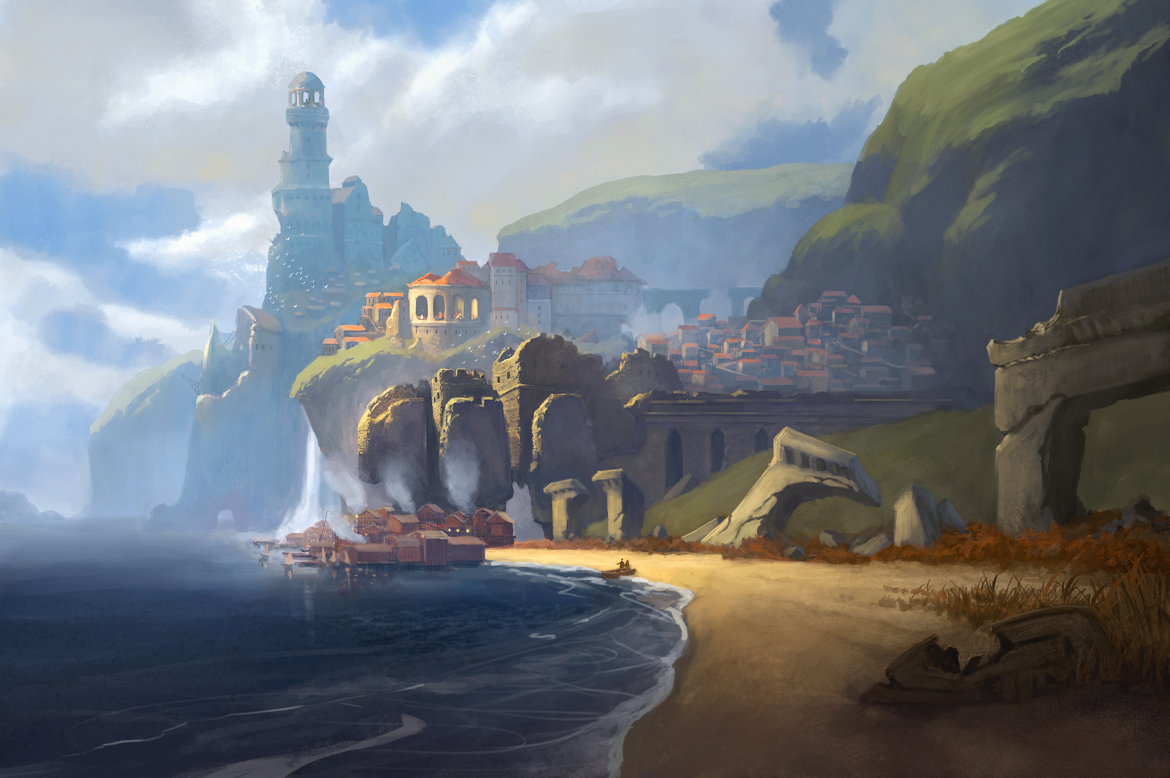 Main image, featuring the lively fishing village along the beach. Looking upward we can see the ruins of the old lighthouse fortress.