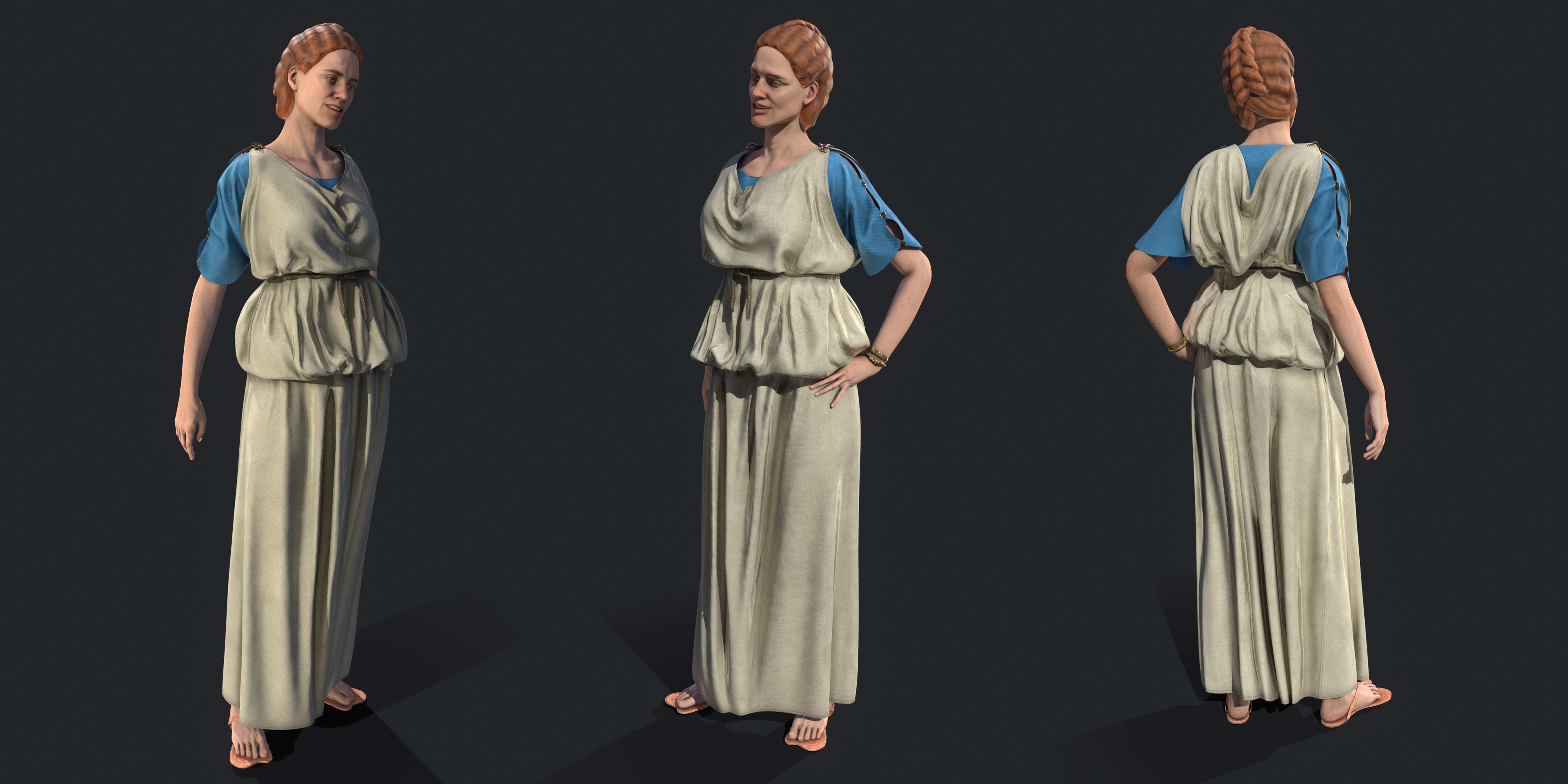 Stola, pinned with fibulae. Braided, pinned up. Gap Sleeved tunic. Solea Slipper (Antinoe)