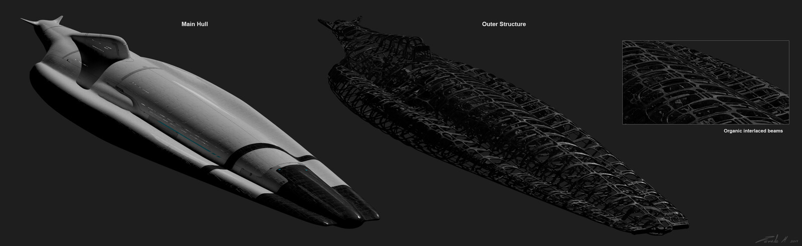 The gutted spaceship wasn't designed from the beginning. i designed it after I studying some set pieces and reverse engineered a shape that made sense with what the production team had already built. Simplicity was what the director was looking for.