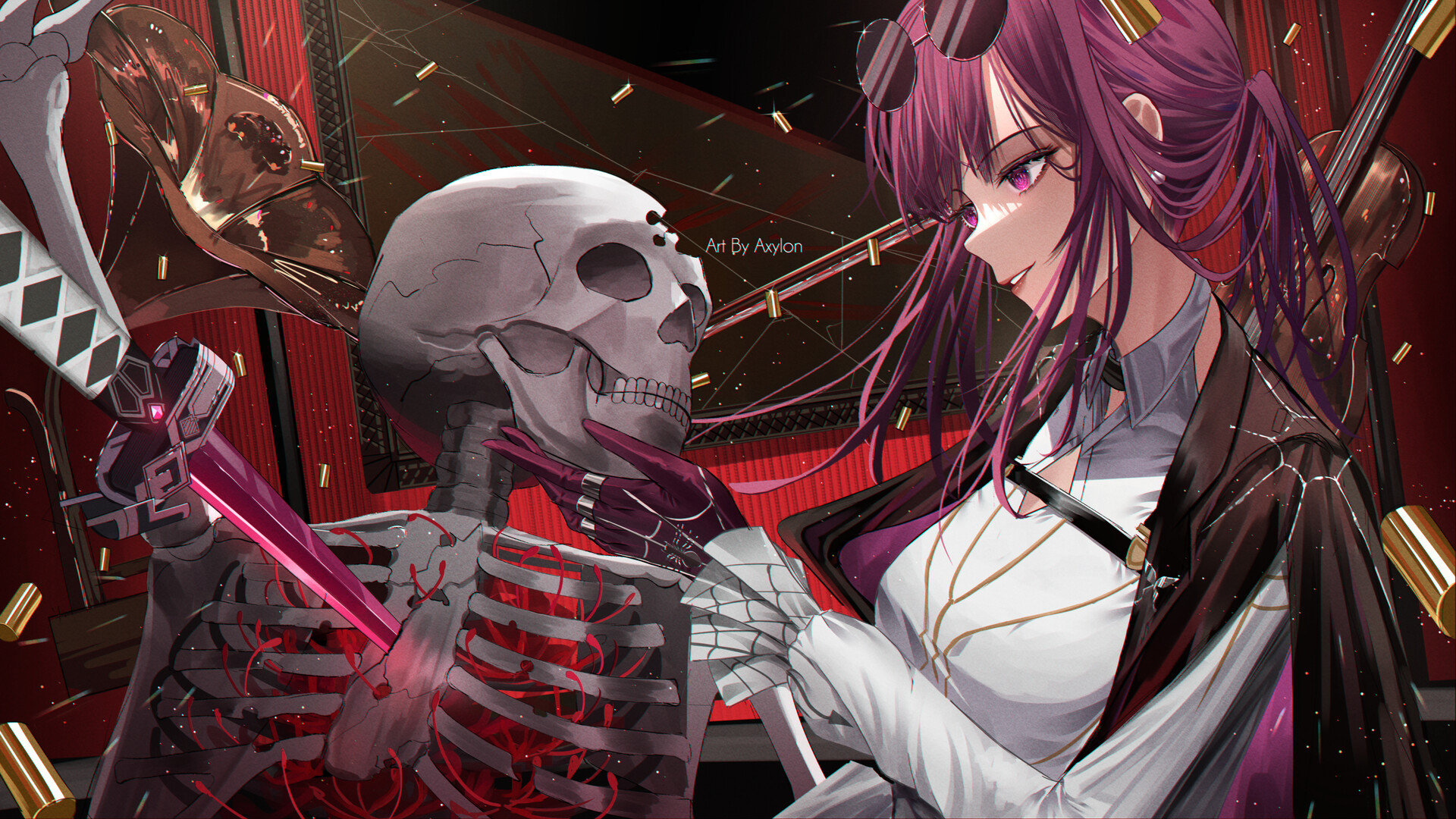Anime girl purple eyes dark skull wallpaper background - Wallpapers