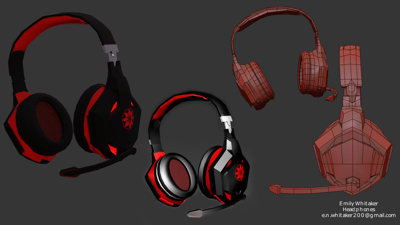 Headset texture render, default view, and clay + wireframe view.