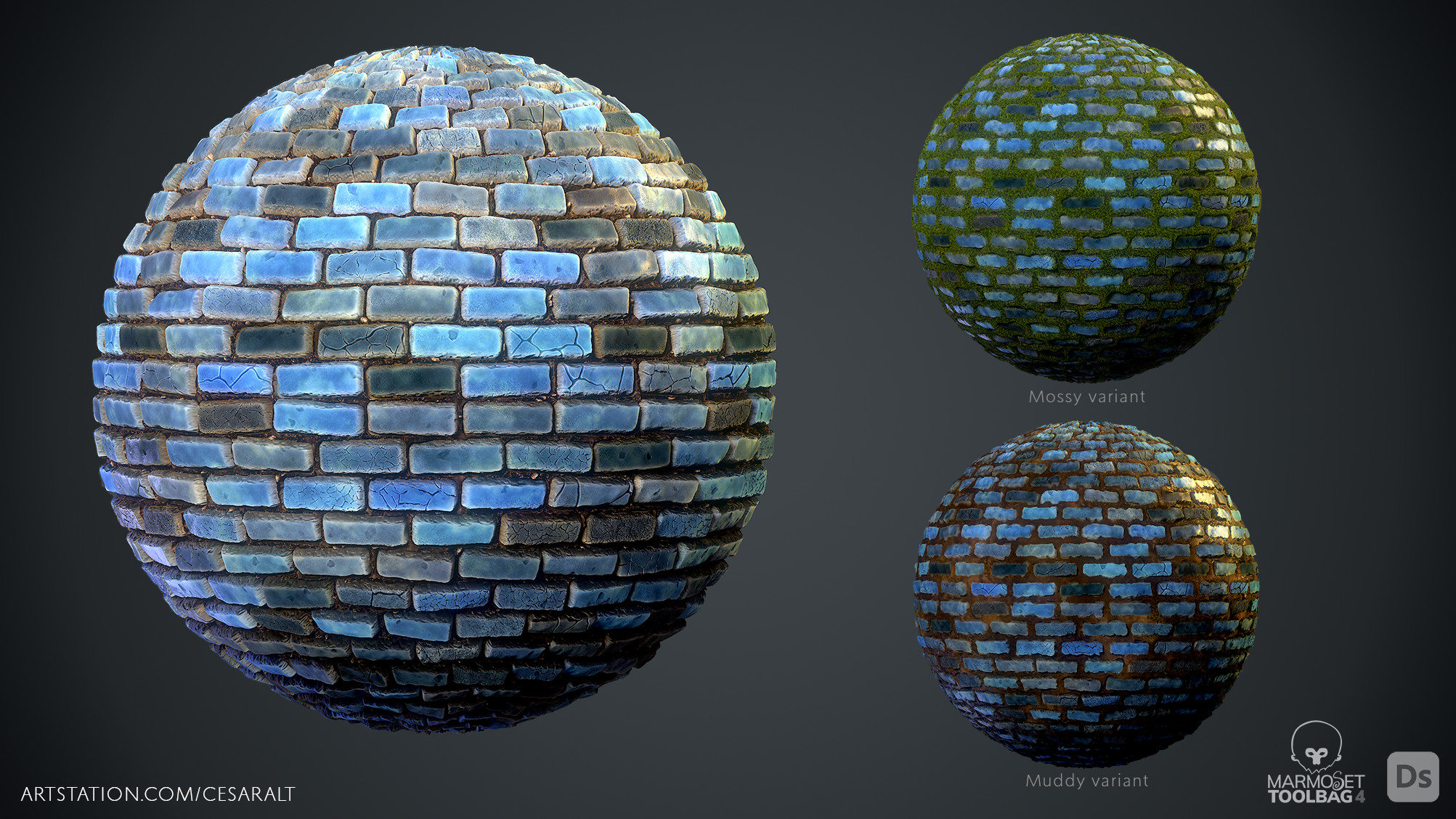 Cobblestone variants created from exposed parameters within the Substance Designer graph, to generate mud and dirt.