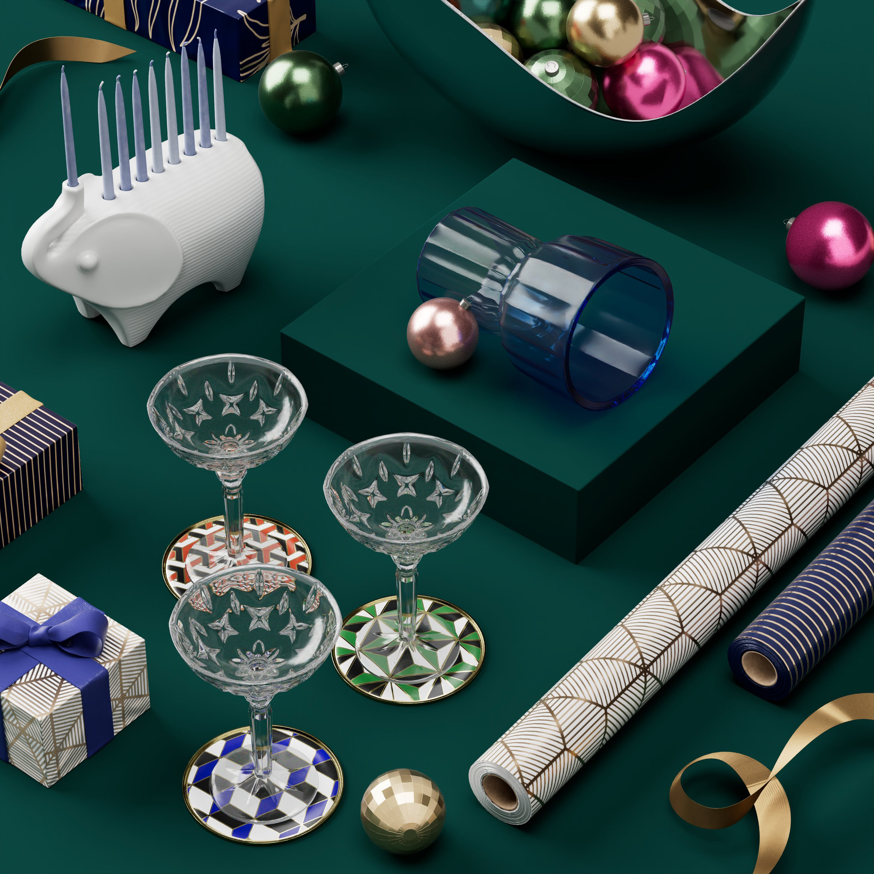 I composed, rendered, and did the lighting for this lifestyle image based off of art direction and concepts from the initial design deck. A few of the props were made by me. I created the blue vase from scratch the materials on the presents