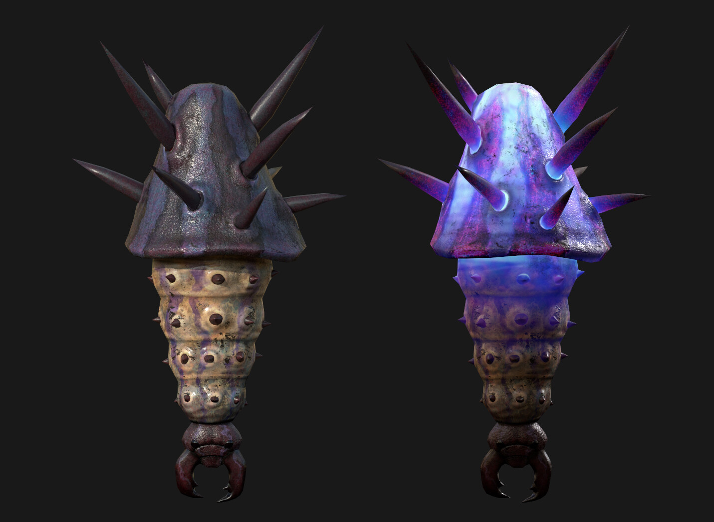 Horklumps low poly and Textures. We wanted it to feel squishy with a range of skin thickness along its sectioned body. 