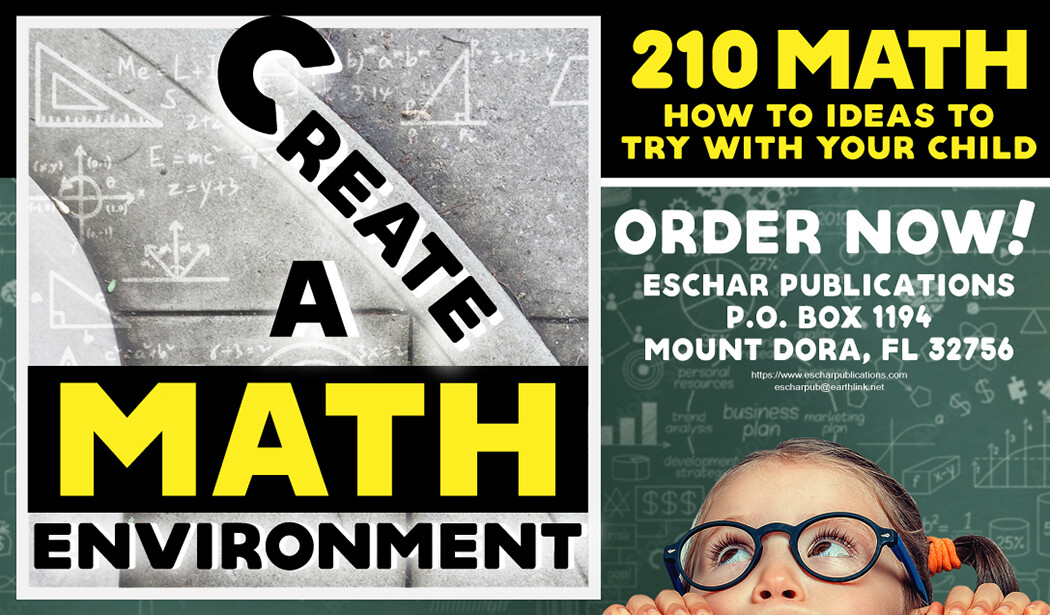 Book advertisement design for 'Create A Math Environment', published by Eschar Publications.