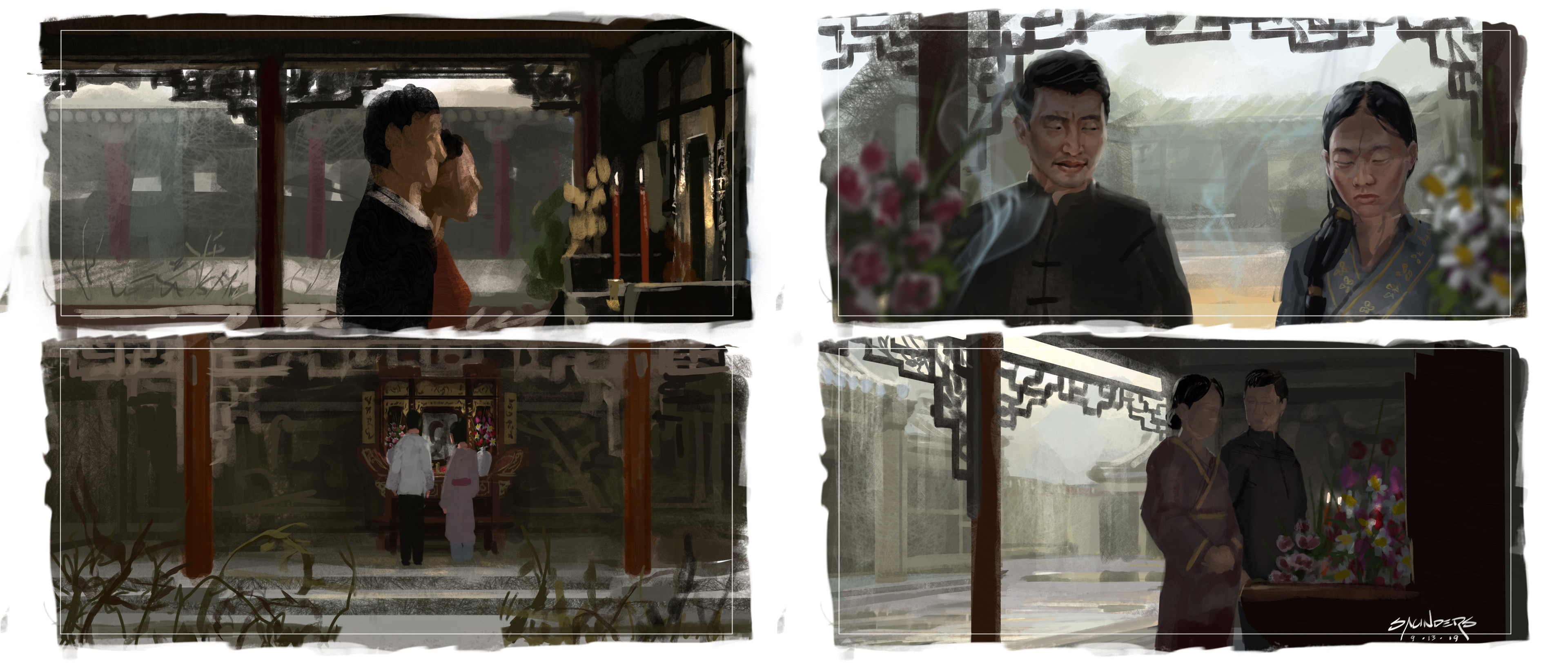 Color thumbnails. These are the kind of roughs I'll do to get a sense of the shot. Mood and lighting are very important at this stage, as well as point of view. 