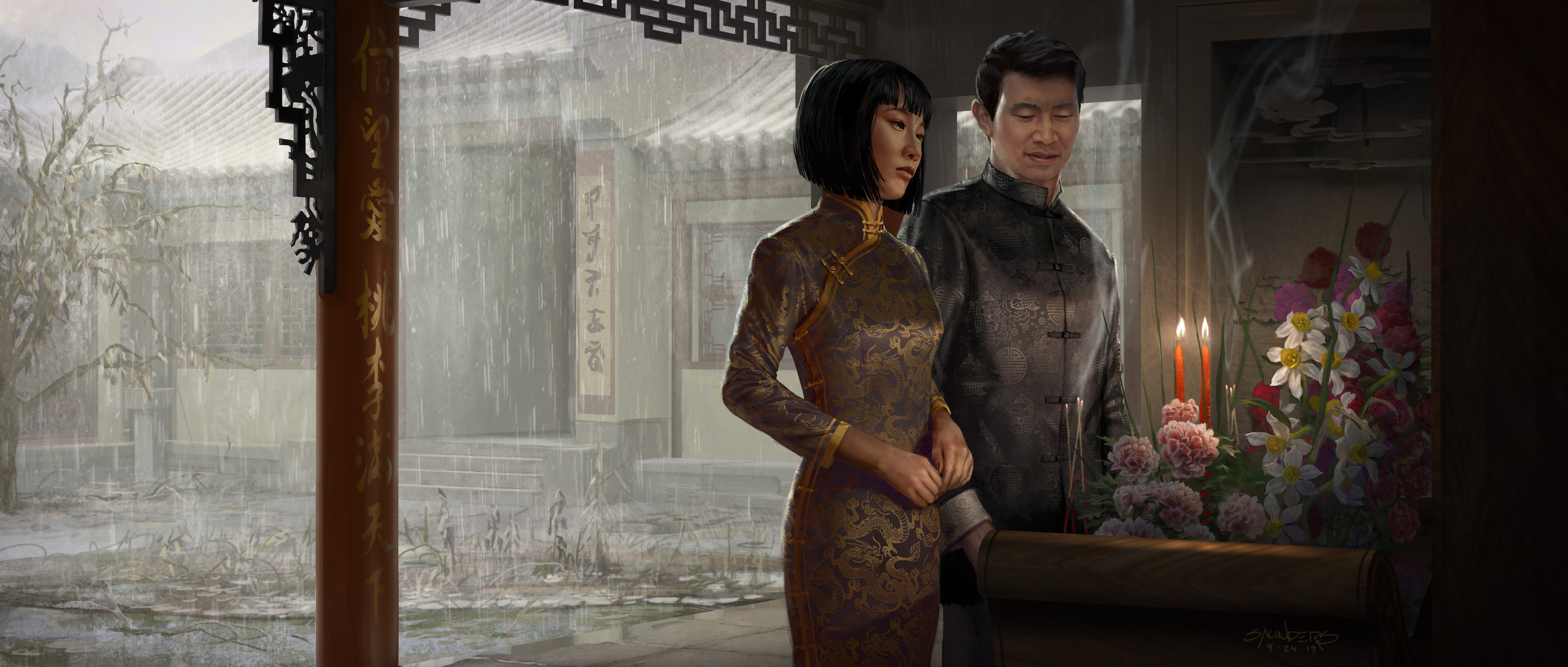 Final image, updated with Meng'er Zhang's likeness. When I'm changing a likeness, I'll usually start by liquifying the original face to match the new features, then painting over. 