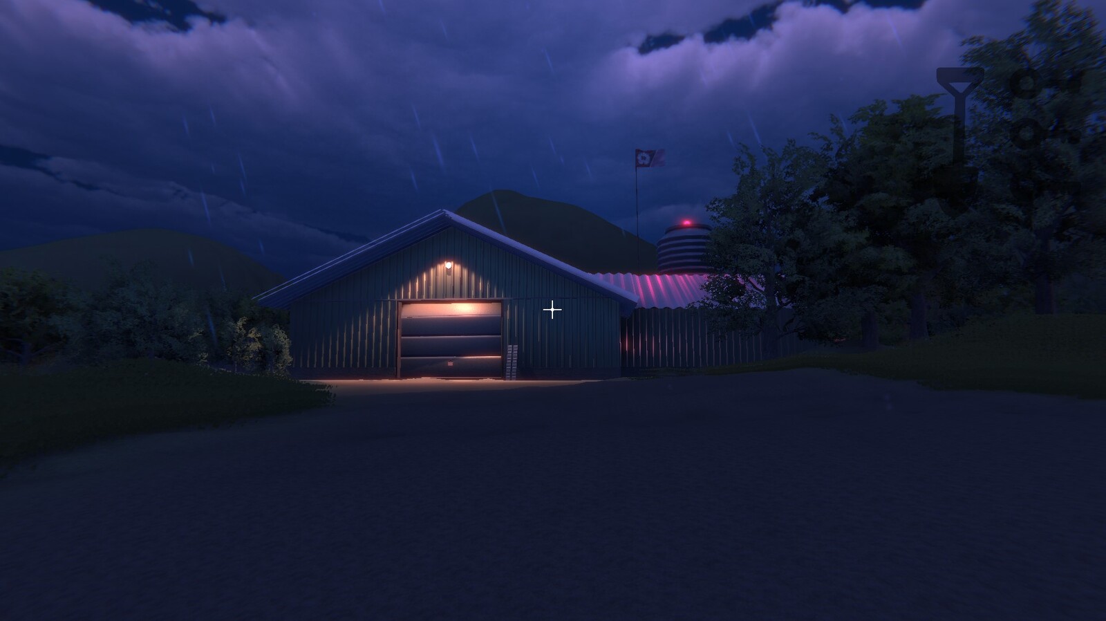 Exterior shot of the barn and the path leading up to it.