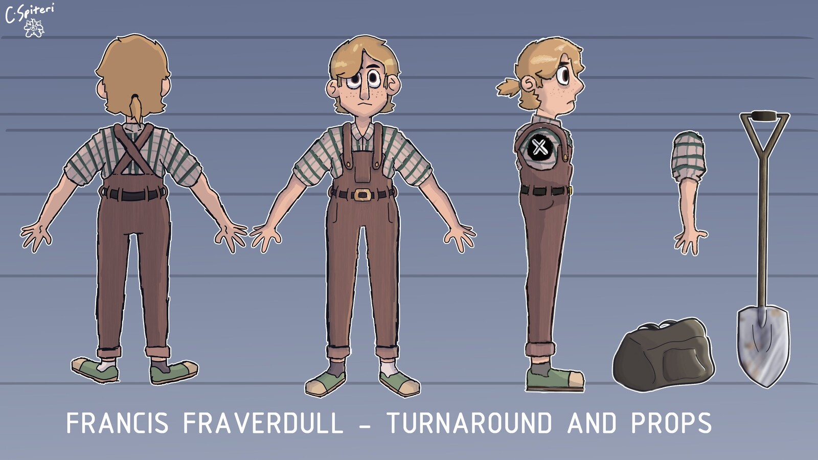 Francis Fraverdull from the back, front, and side, along with two accessories; a duffel bag and a shovel.