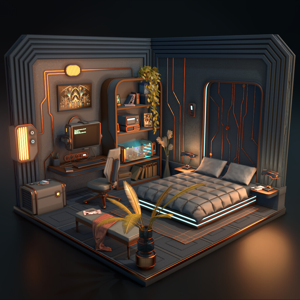 ArtStation - Stylized retro Futuristic bedroom