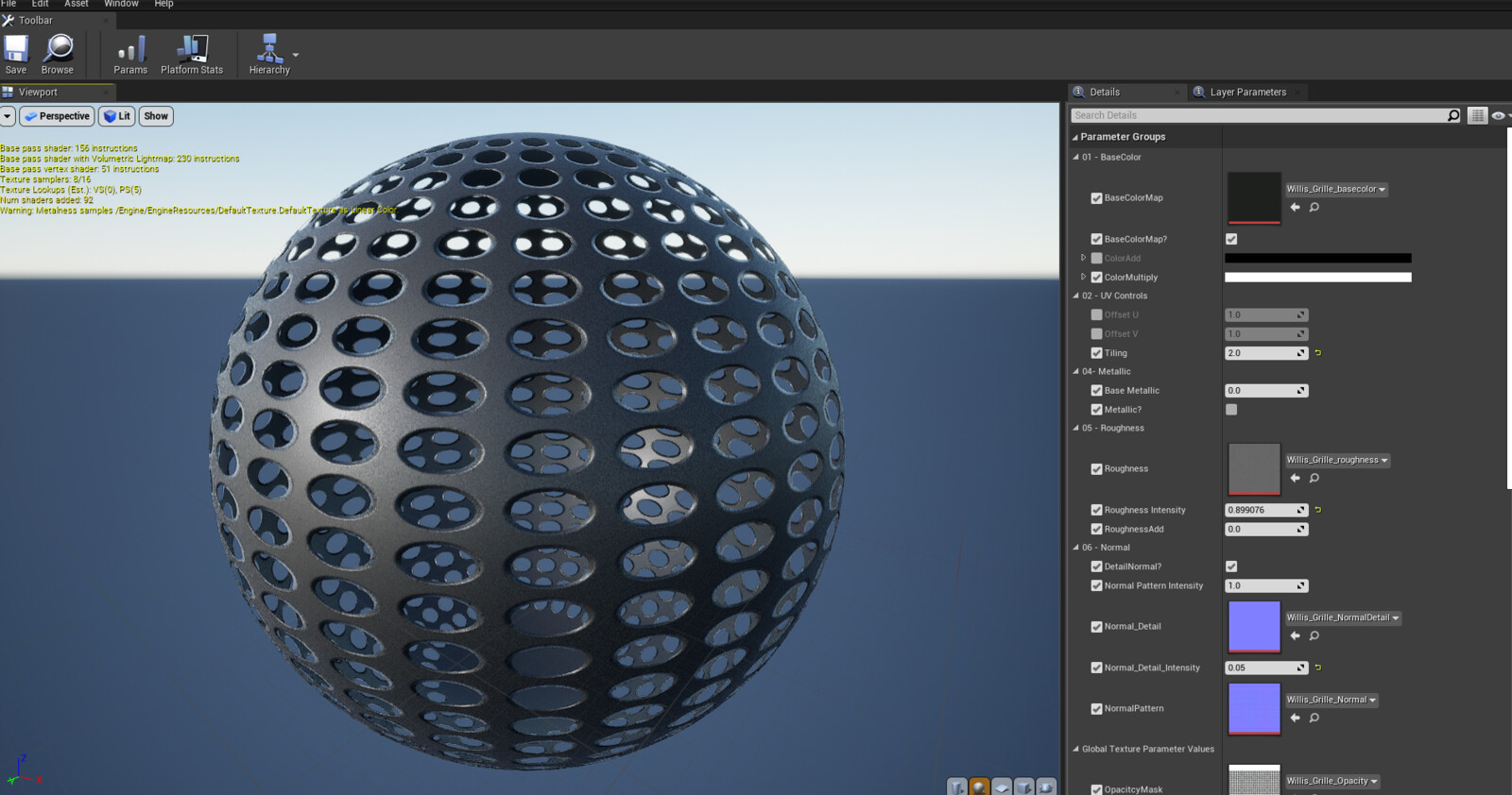 Loudspeaker Grille Material Instance. Created with the master material above.