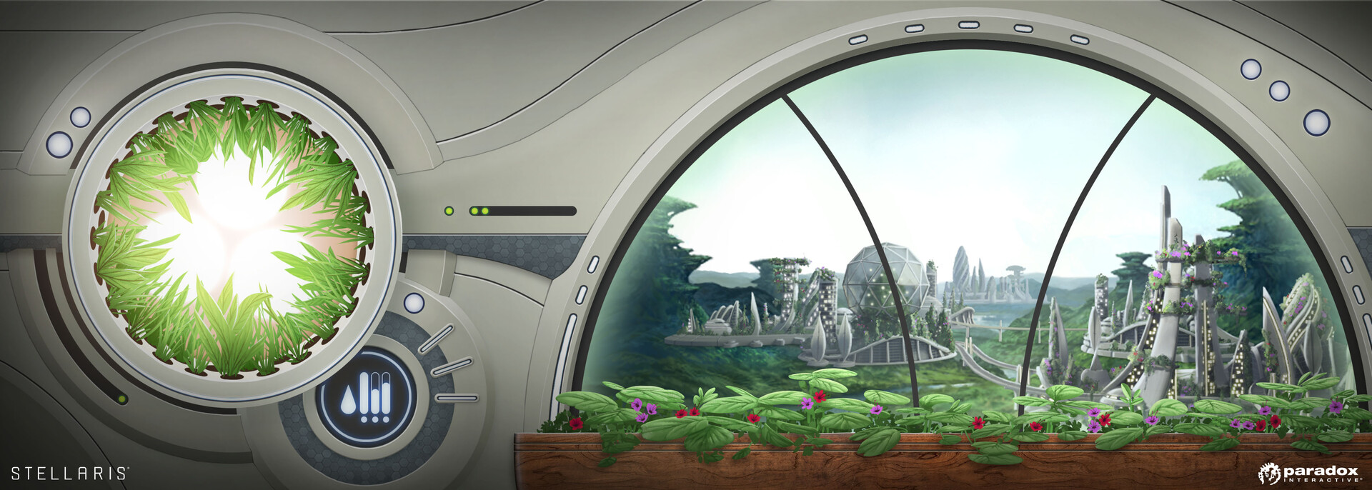 Futuristic green solarpunk city with lots of trees