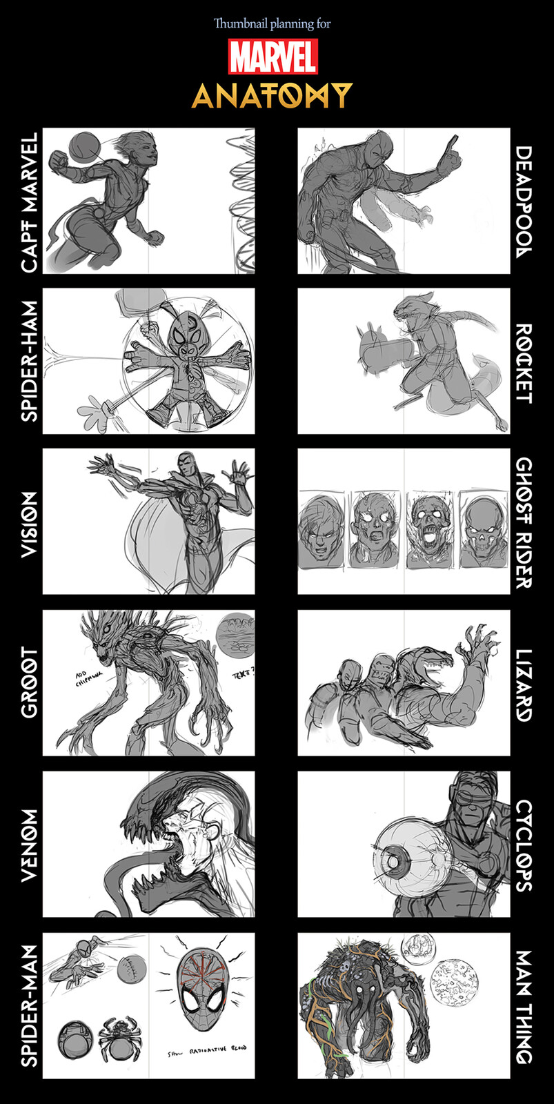 Marvel Anatomy is a long book - about 230 pages long - and so illustrating it was a monumental task.  To get through it all, I thumbnailed out every single spread for every single character, trying to get a handle on my workload from the beginning.
