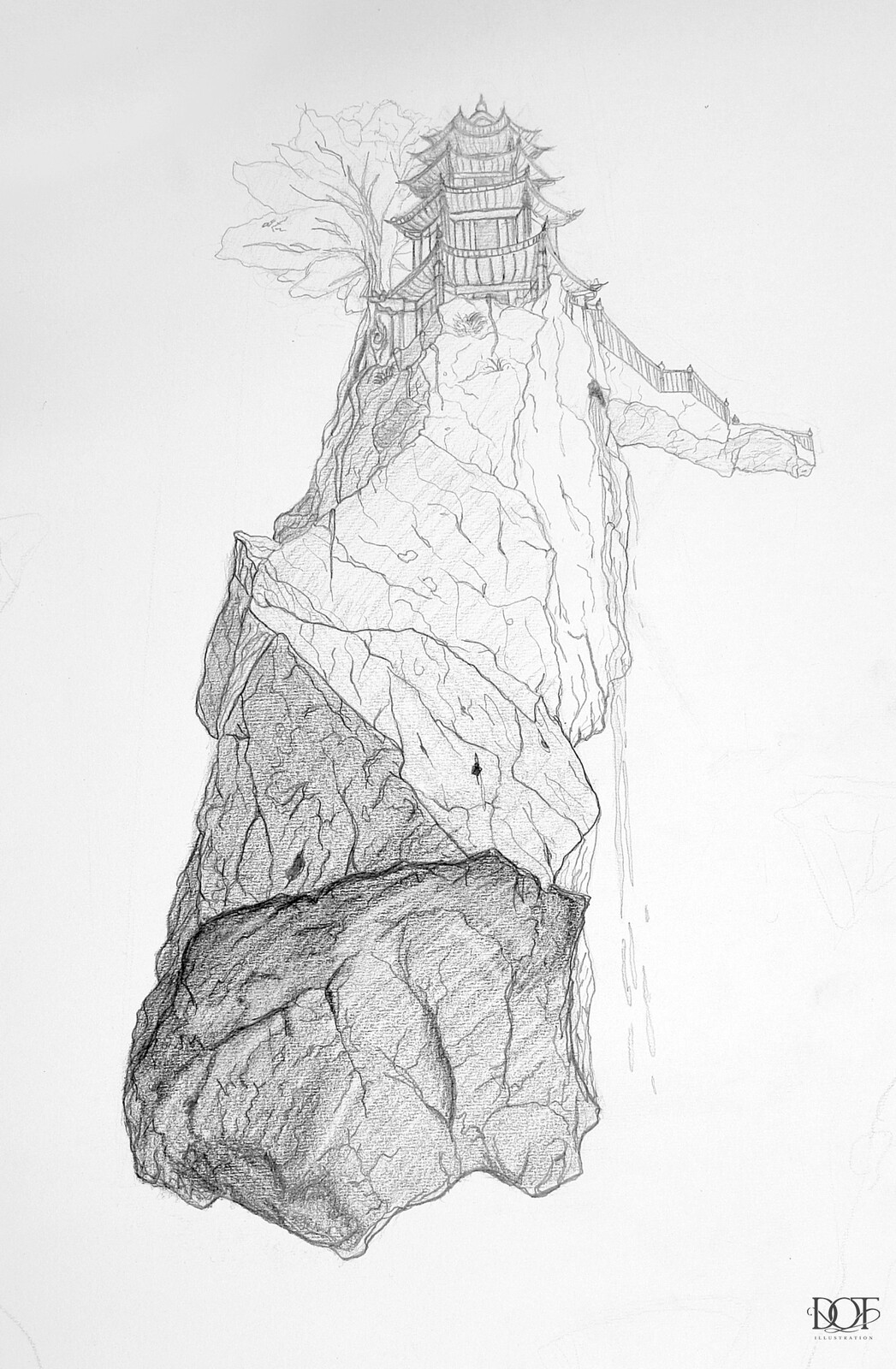 Temple on a floating rock sketch