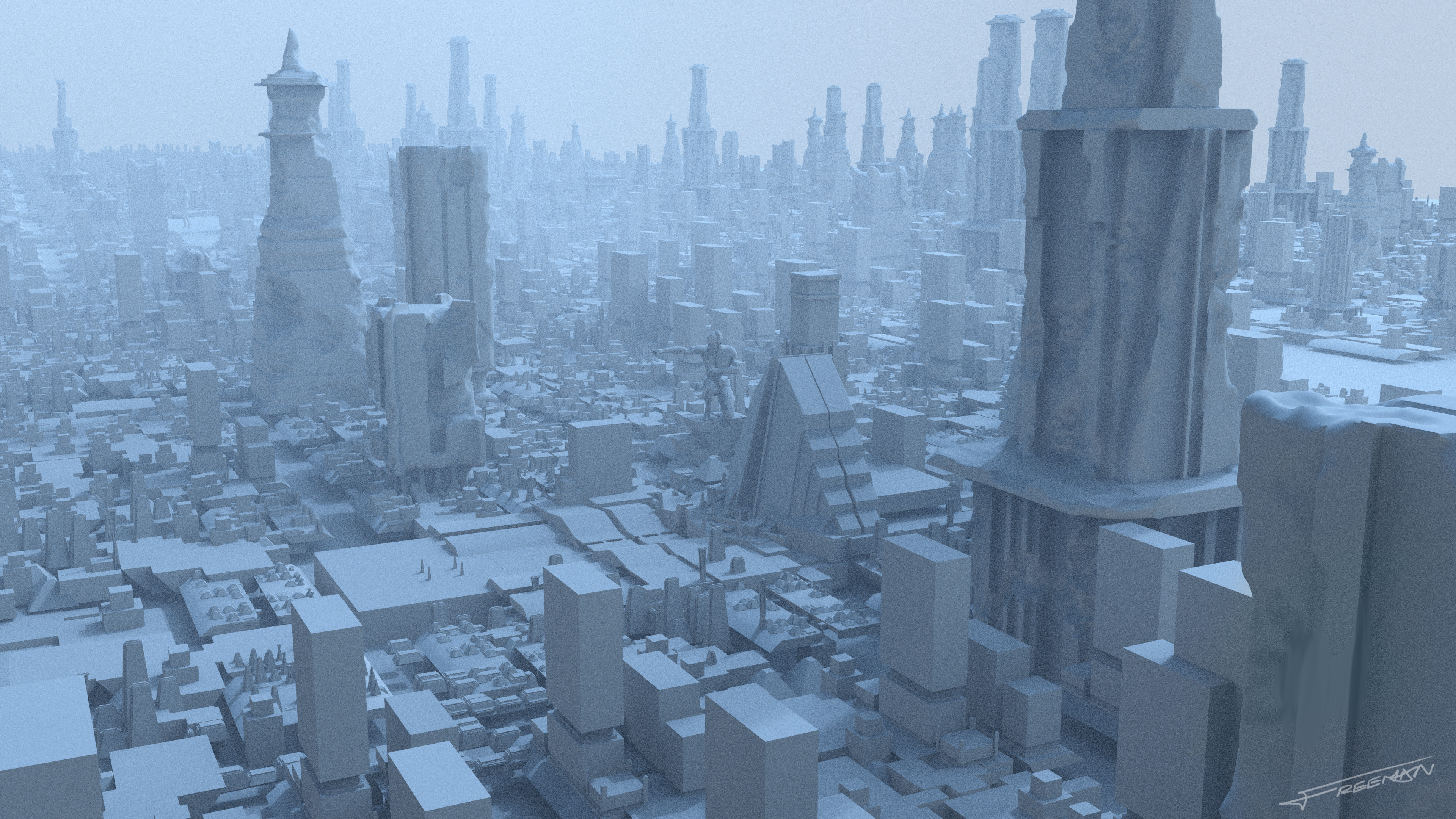 I built the city in 3D, including the use of lidar scans of the set in situ, so I could work with the clients to design the surrounding city and design it on a shot by shot basis.
