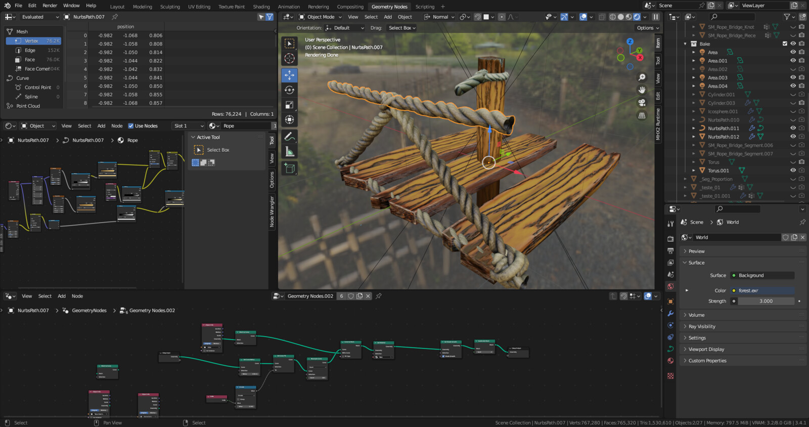 High poly model of the suspension bridge with procedural material, that was used to bake the combined material on a low poly model for performance reasons, as the game is intended for mobile platforms. 