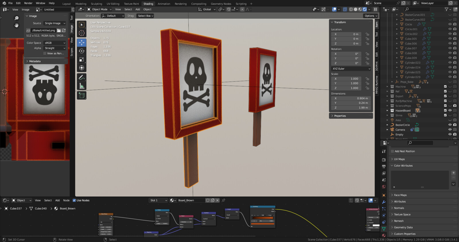 High and low poly model of the danger plate side by side, the skull and crossbones figure was reused  from another prop of the game. 