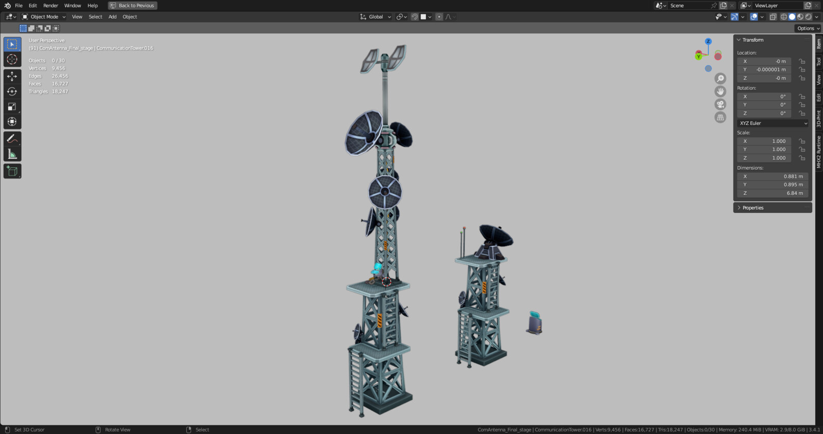 Model of antenna tower with the existing props on the left. 