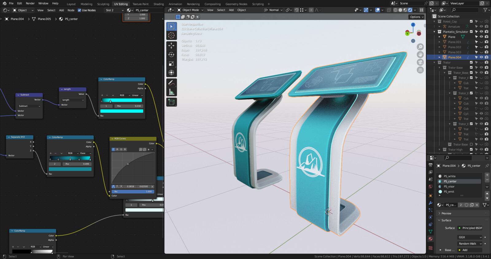 High poly model in front of the low poly ready to export to the game.