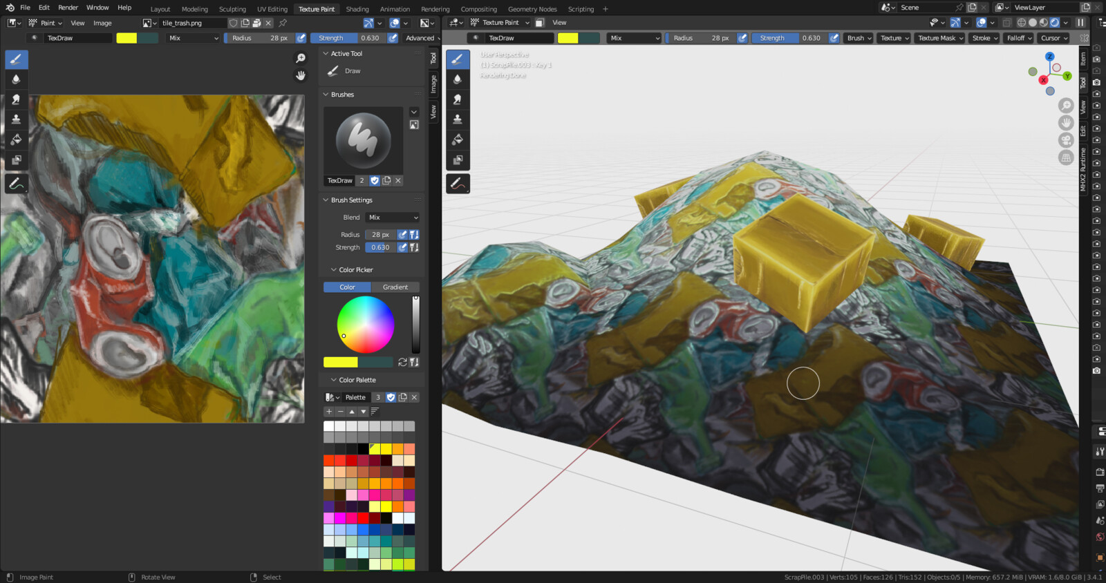 Hand-painted tile texture applied to the trash pile model and some procedural material editing, with the addition of several card boxes.