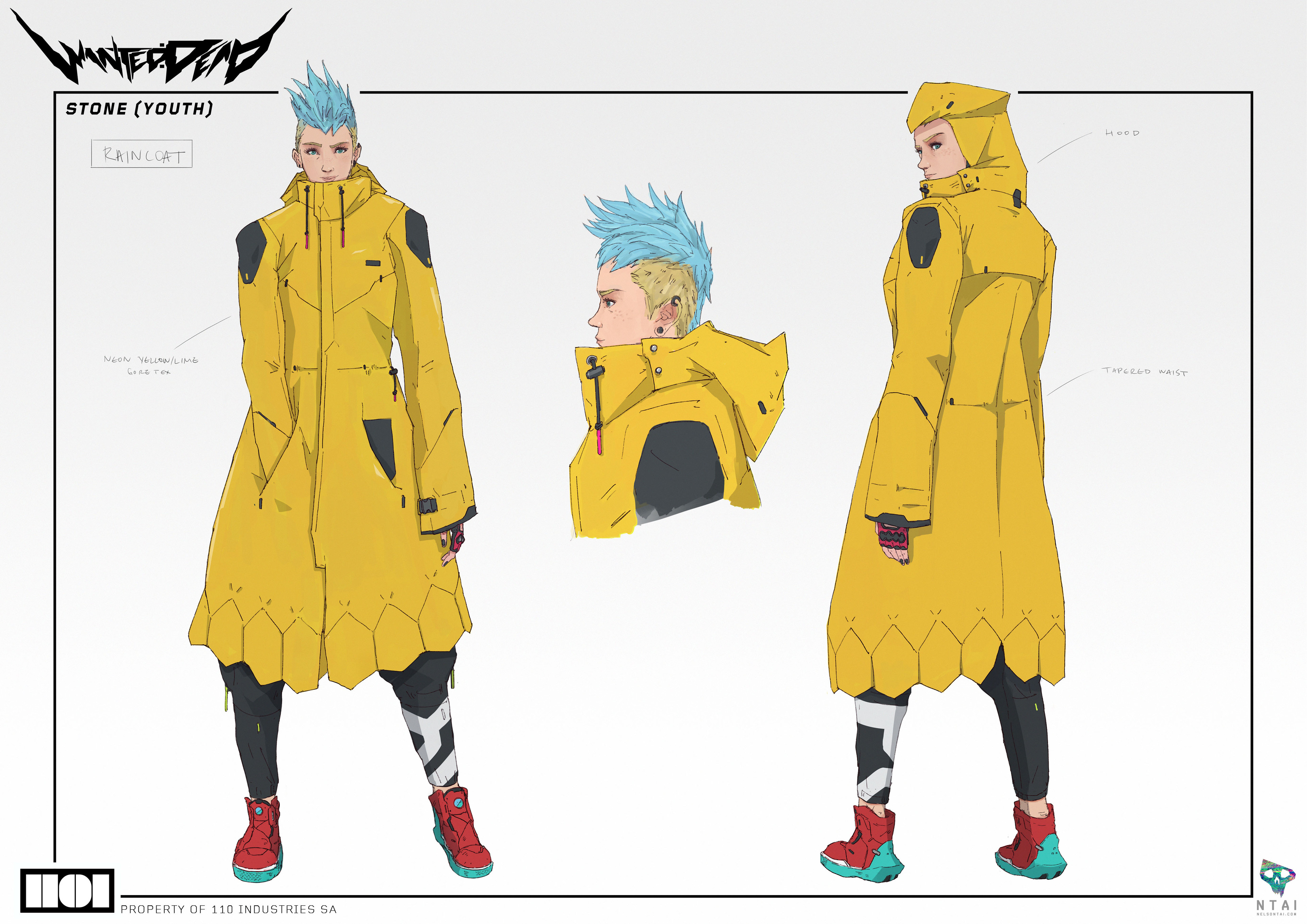 Cyberpunk anime character with rain coat and knives