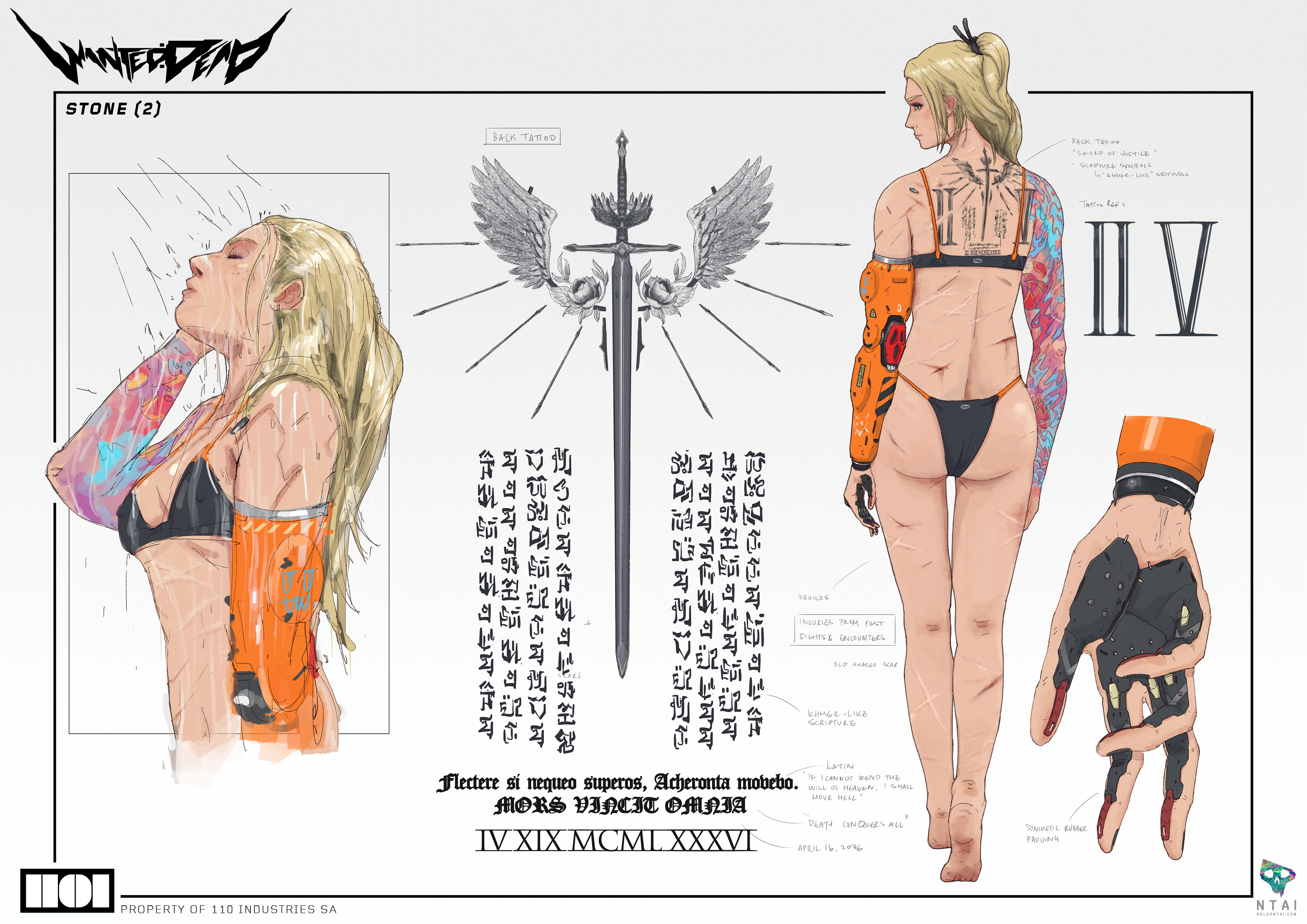 The Sword and Wings tattoo on her back along with scripture. The enhanced hand illustration was used for the Collector's Edition box art.