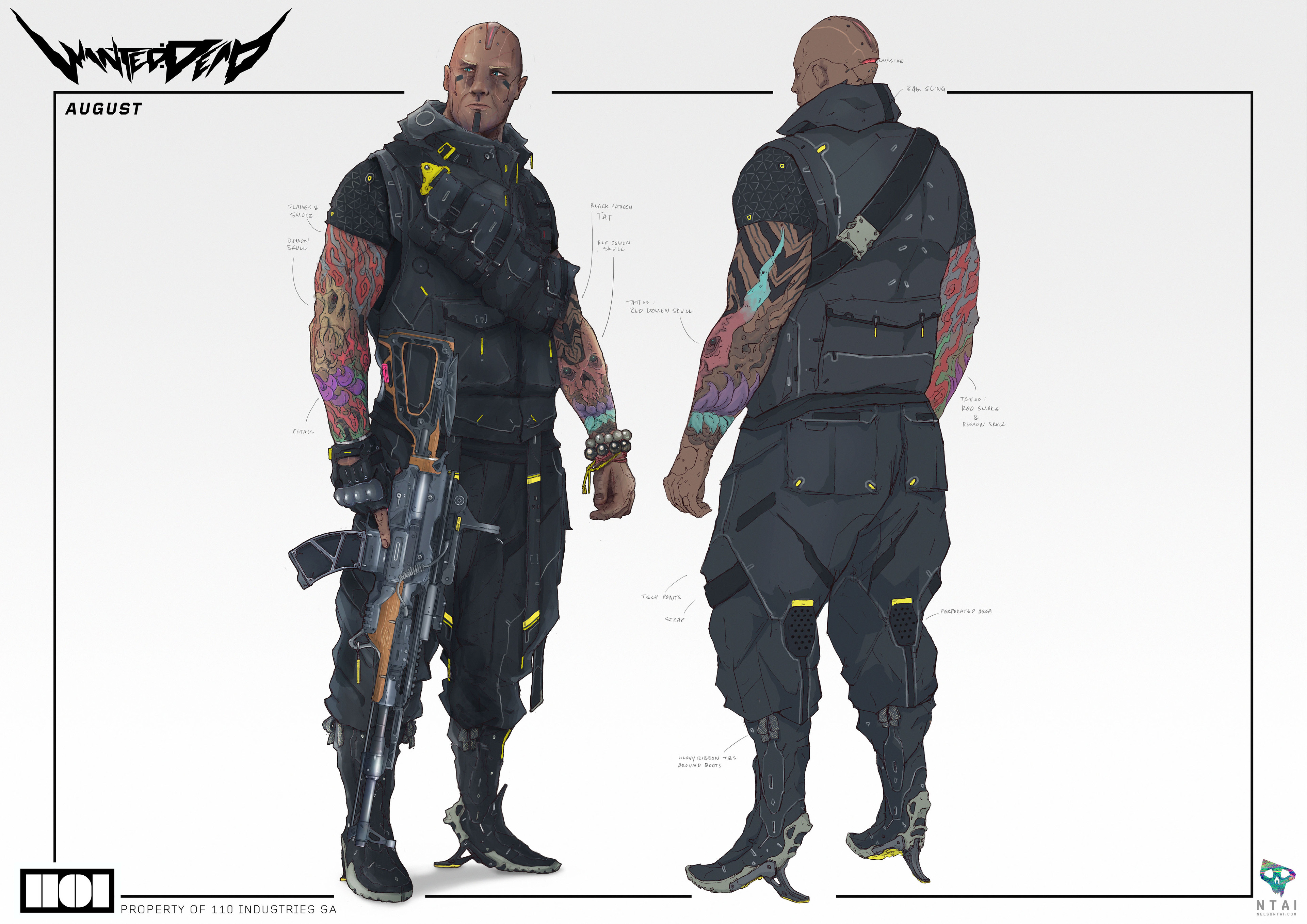 August is designed to be a big and strong warrior. Was fun to work out his futuristic tech / tactical outfit.