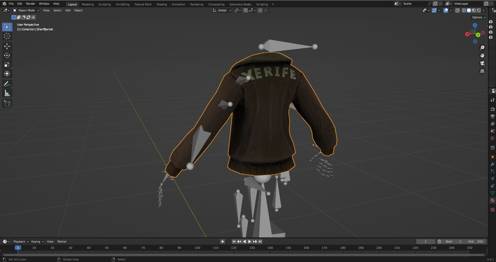 Back view of low poly model with texture baked and ready to export to Unity and create the UMA recipe.