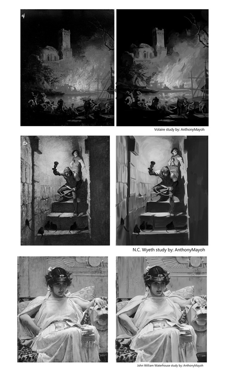 Pierre-Jacque Volaire "A river landscape with figures fleeing a burning city" (top) N.c. Wyeth's "Black Arrow" (middle) John William Waterhouse's "Cleopatra" (bottom)