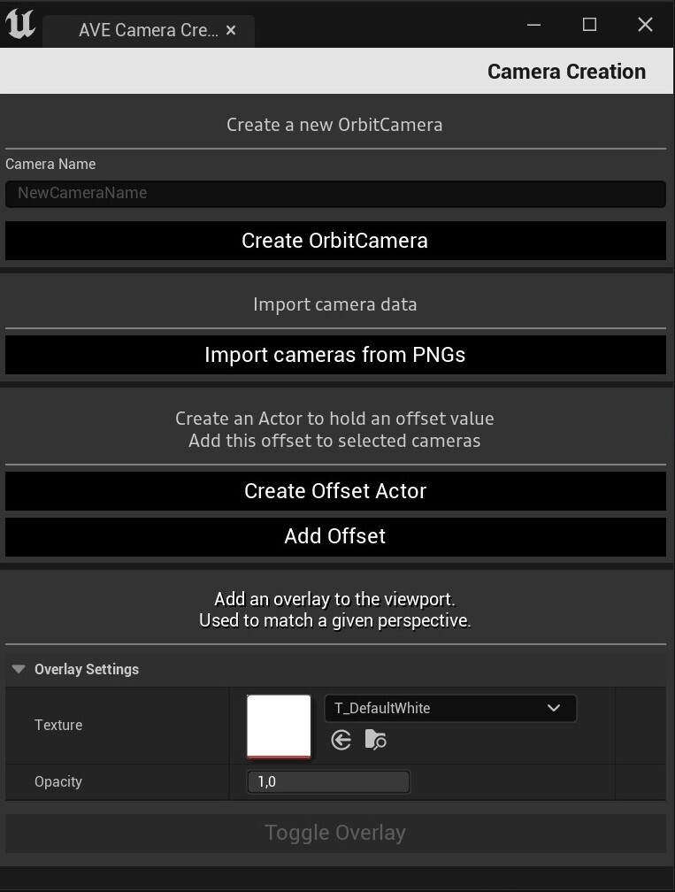 This tool allows artists to adjust camera actors in the editor:
- Create a custom named new actor
- Import camera settings from a PNG file (xml-based metadata)
- Adding custom offsets to a set of cameras
- Overlay an image to easily match concepts / views
