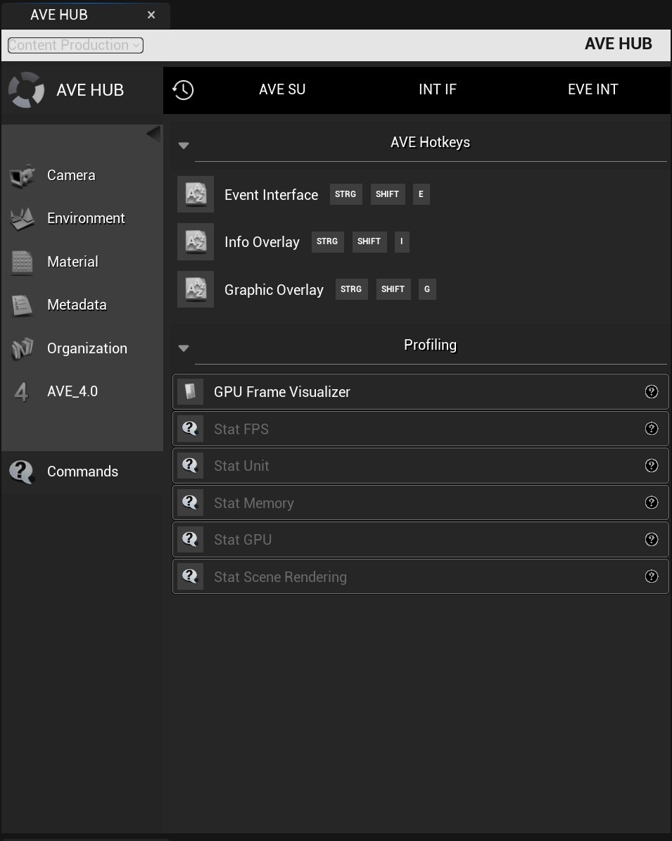 Shortcuts to a variety of profiling console commands and AVE-specific functionality.