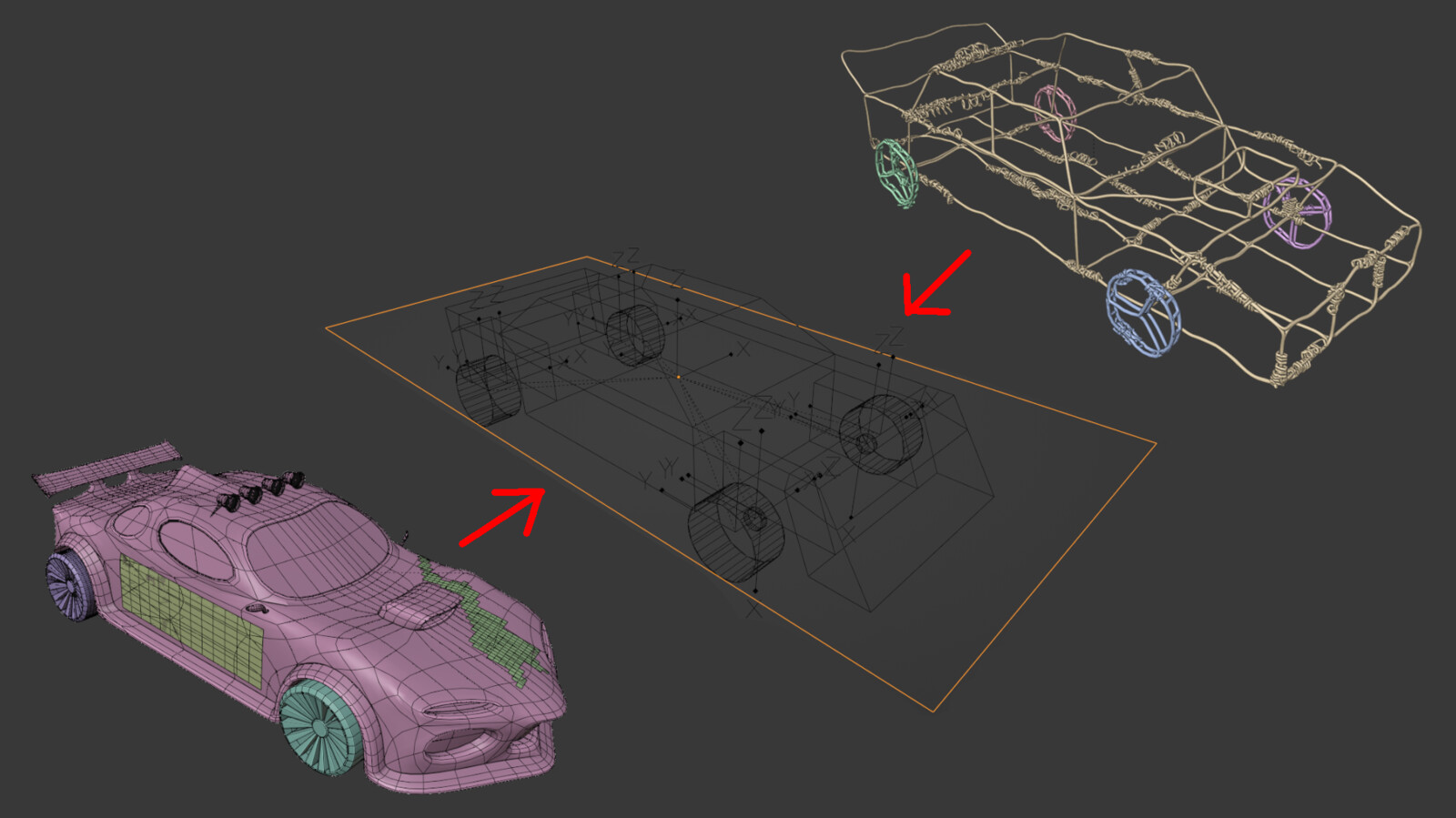 I simulated a car with steering and suspension, and then parented the two cars to it. 
Although having a common parent was very efficient, I eventually realized that the simulation was unnecessary and time-consuming for my purposes.
